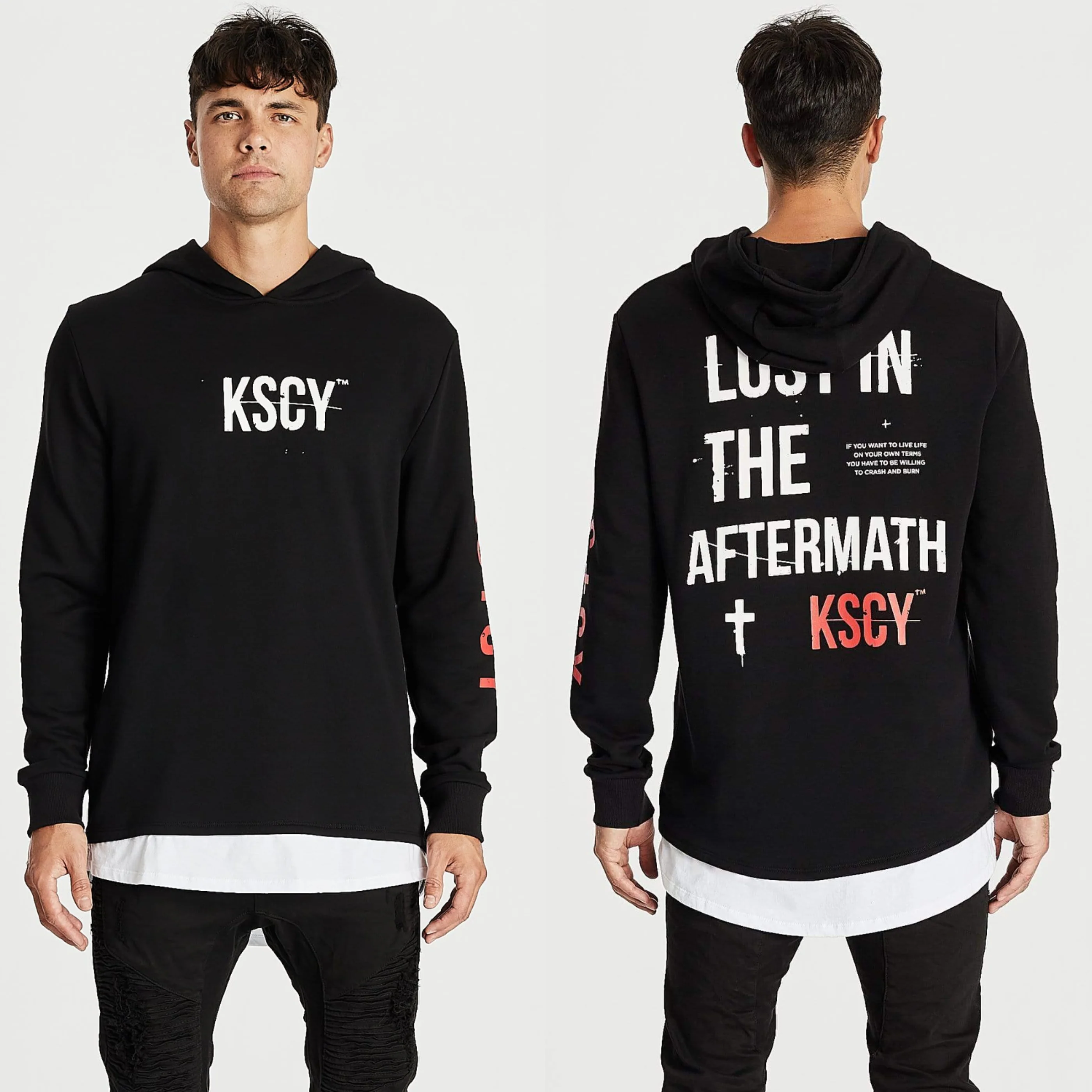 Kiss Chacey MENS LIVE LIFE LAYERED HEM HOODED SWEATER - JET BLACK - Image 2