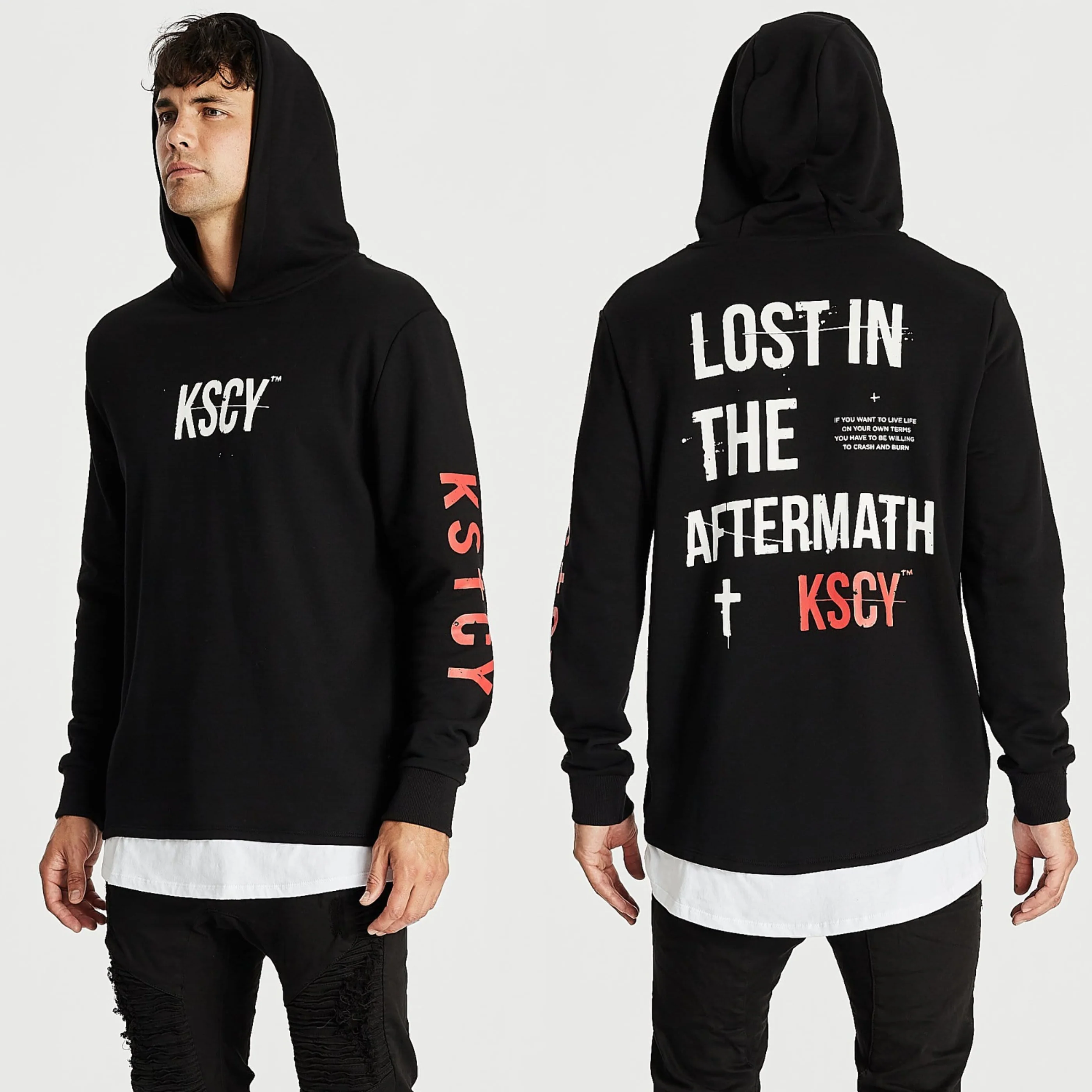 Kiss Chacey MENS LIVE LIFE LAYERED HEM HOODED SWEATER - JET BLACK - Image 3