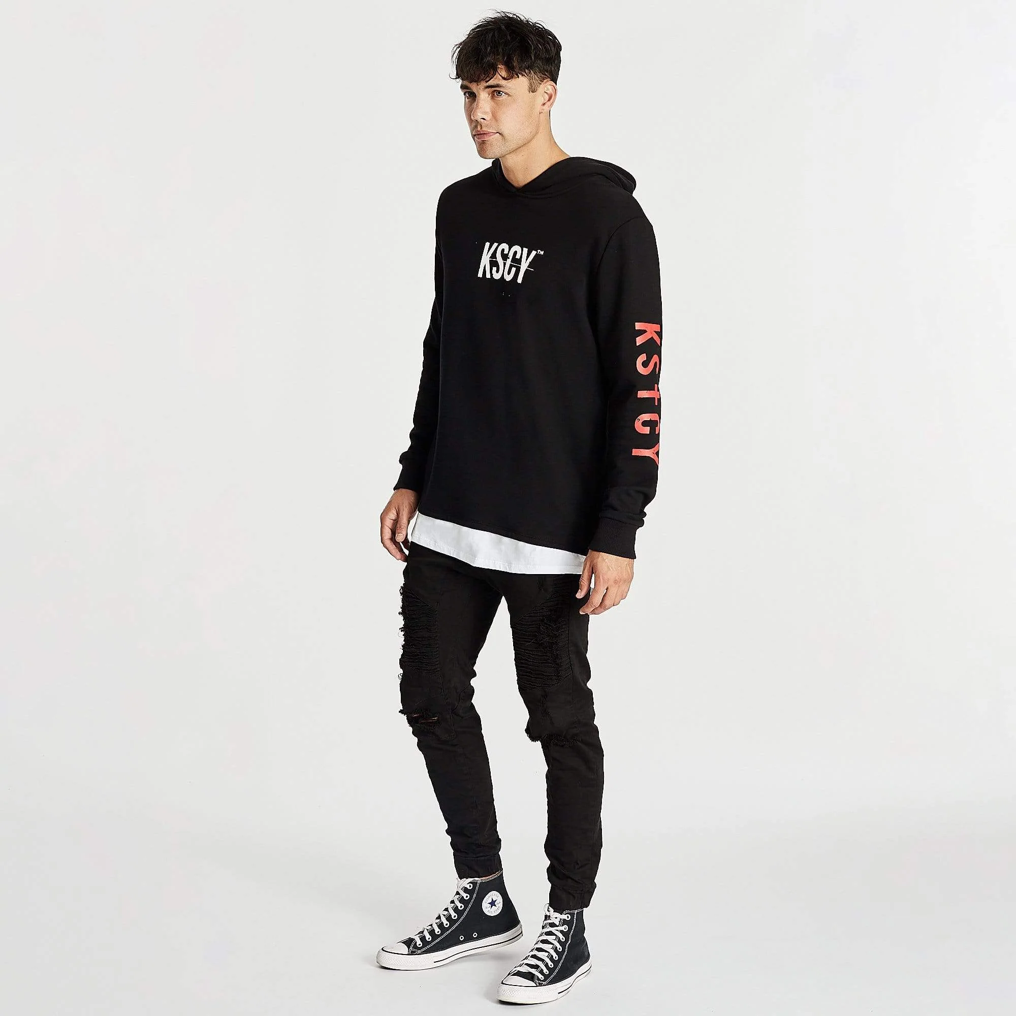 Kiss Chacey MENS LIVE LIFE LAYERED HEM HOODED SWEATER - JET BLACK - Image 5
