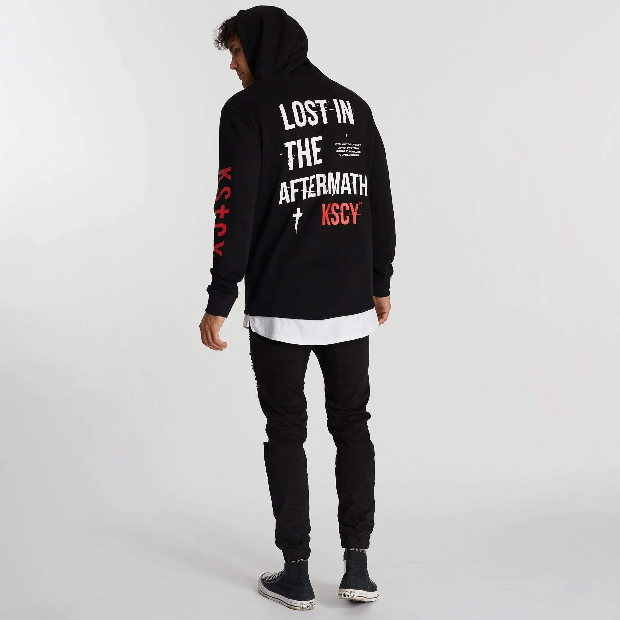 Kiss Chacey MENS LIVE LIFE LAYERED HEM HOODED SWEATER - JET BLACK - Image 7
