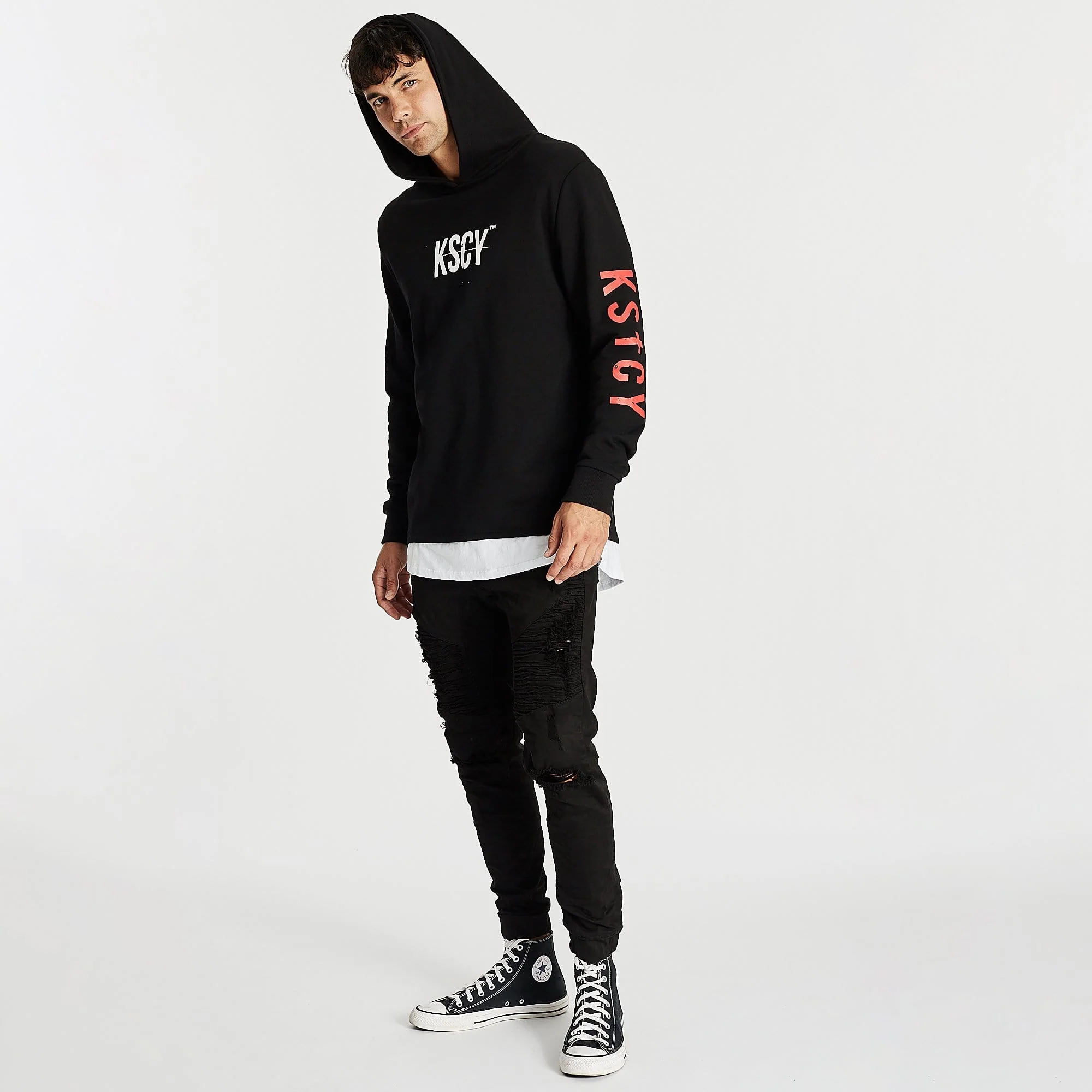Kiss Chacey MENS LIVE LIFE LAYERED HEM HOODED SWEATER - JET BLACK - Image 8