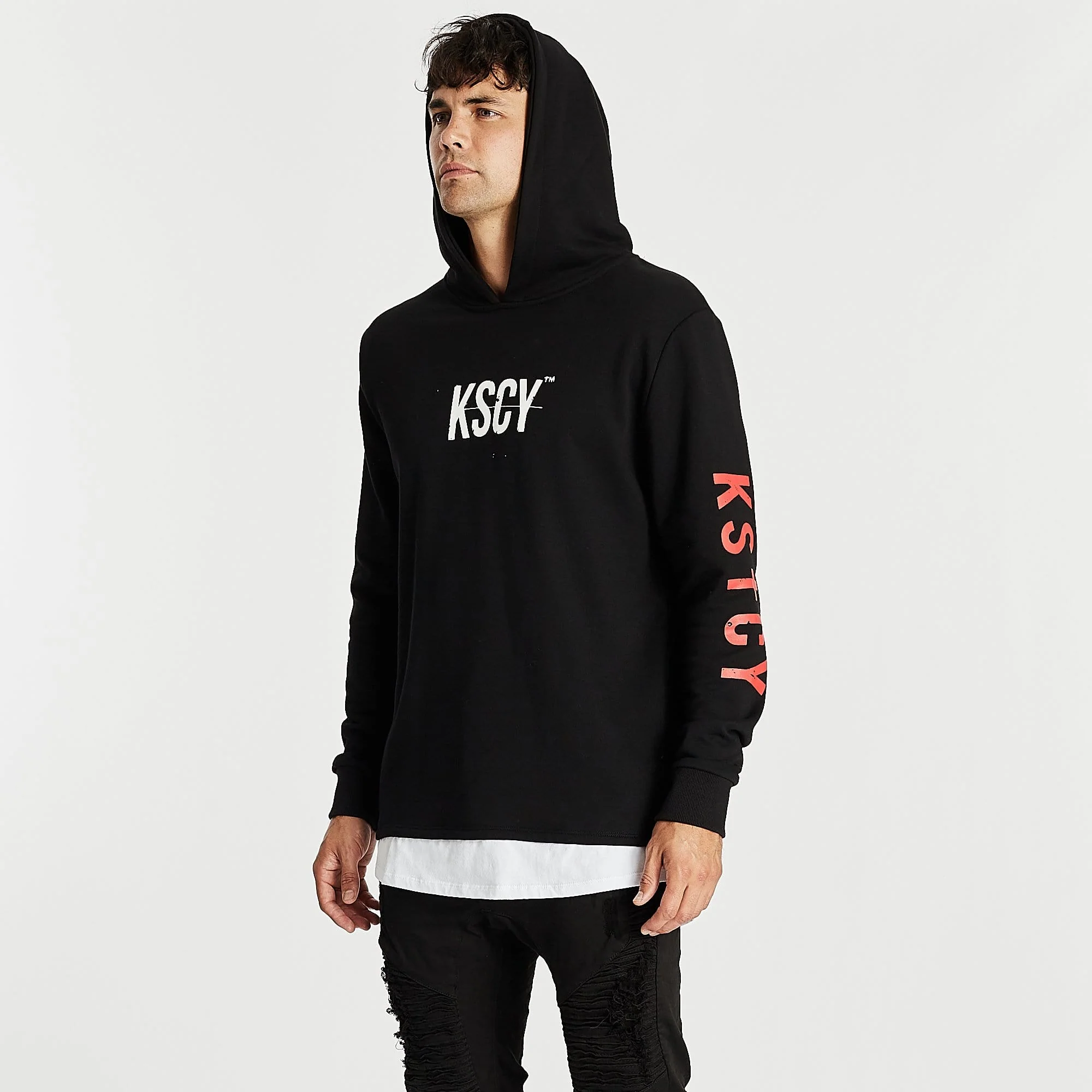 Kiss Chacey MENS LIVE LIFE LAYERED HEM HOODED SWEATER - JET BLACK - Image 9