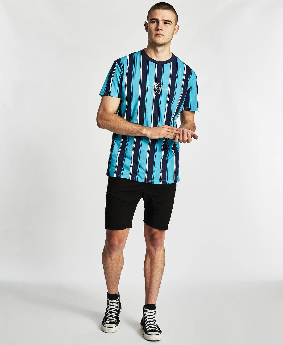 Kiss Chacey MENS OVERRATED CLUB RELAXED FIT TEE SHIRT NAVY-TEAL STRIPES - Image 2