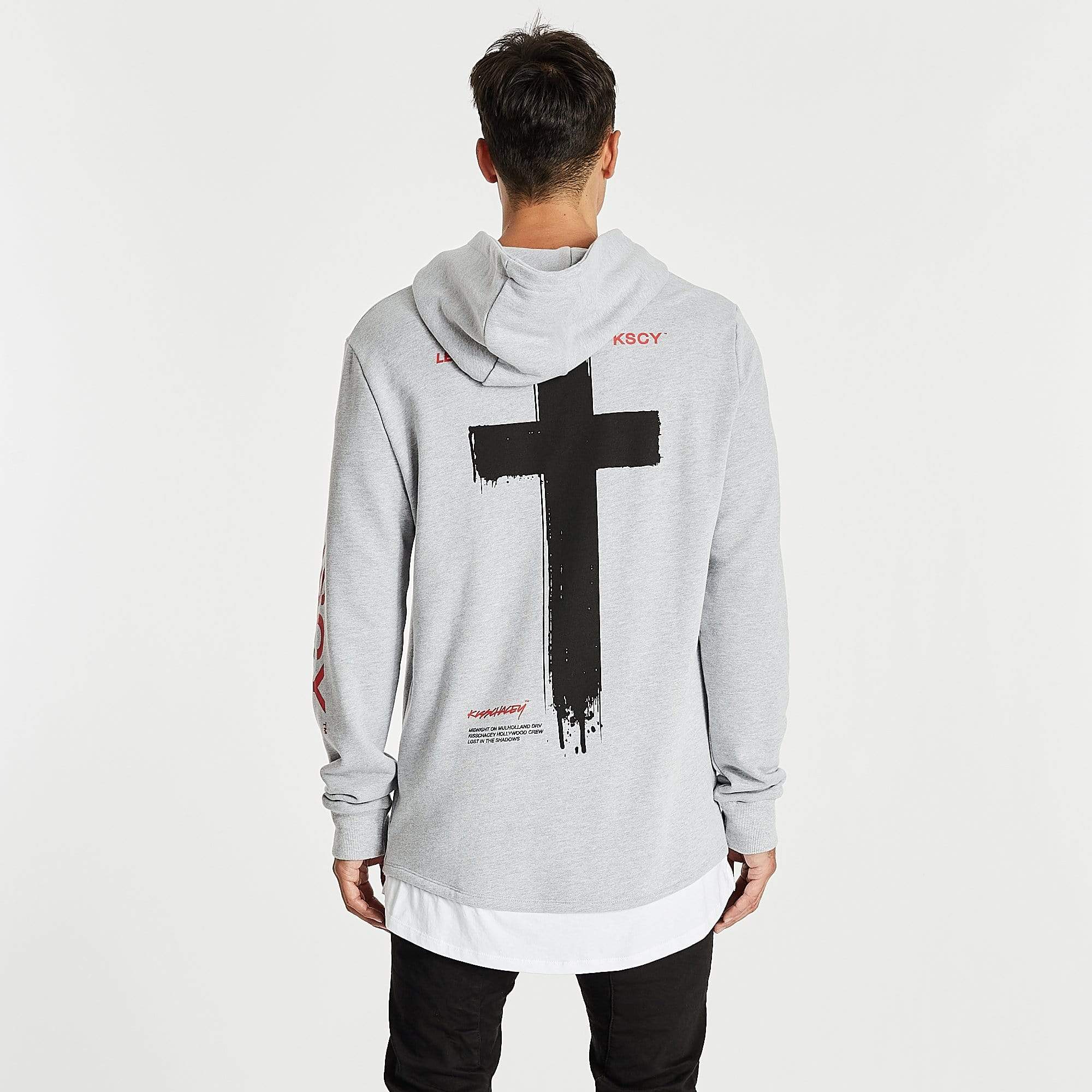 Kiss Chacey MENS SHADOWS LAYERED HEM HOODIE SWEATER - GREY MARLE - Image 10