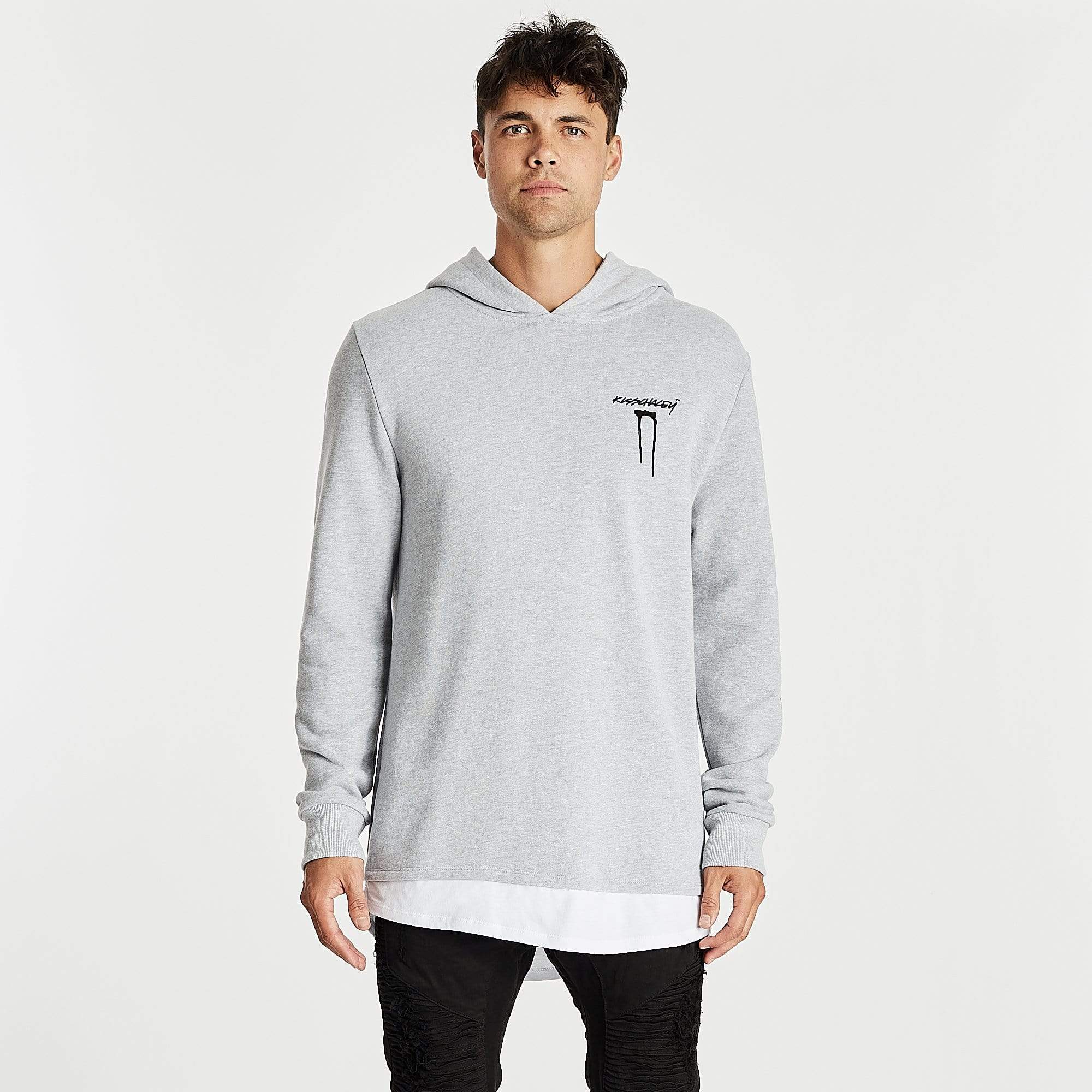 Kiss Chacey MENS SHADOWS LAYERED HEM HOODIE SWEATER - GREY MARLE - Image 11