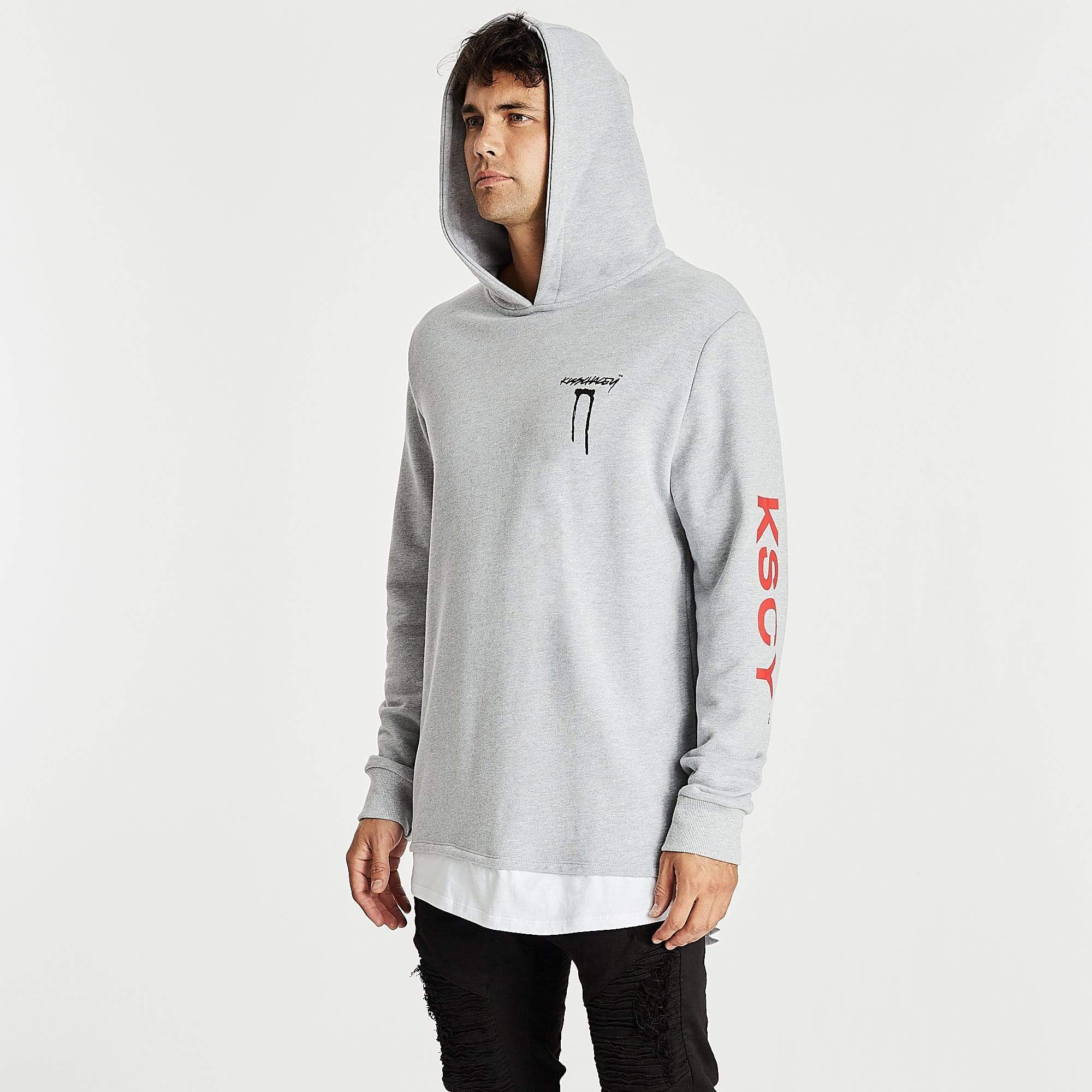 Kiss Chacey MENS SHADOWS LAYERED HEM HOODIE SWEATER - GREY MARLE - Image 6