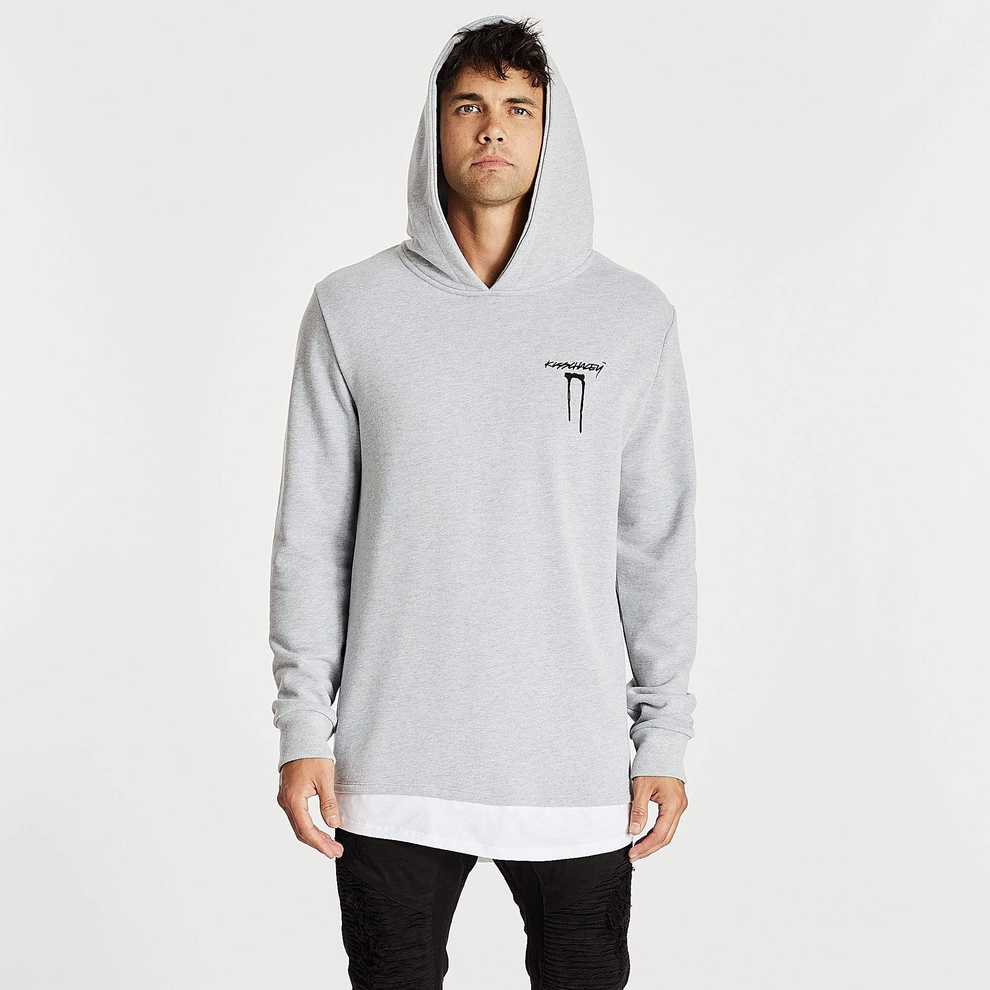 Kiss Chacey MENS SHADOWS LAYERED HEM HOODIE SWEATER - GREY MARLE - Image 7