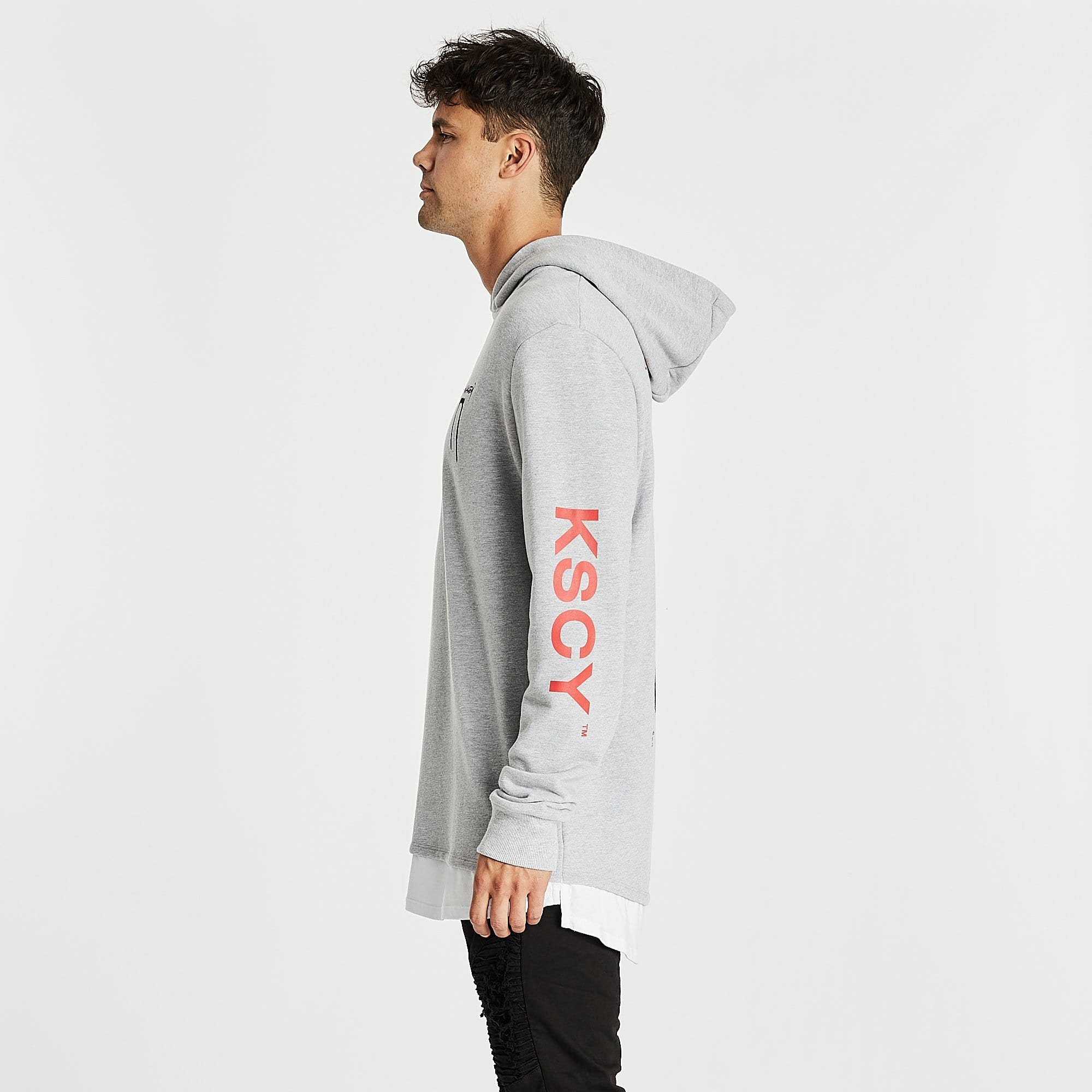 Kiss Chacey MENS SHADOWS LAYERED HEM HOODIE SWEATER - GREY MARLE - Image 8