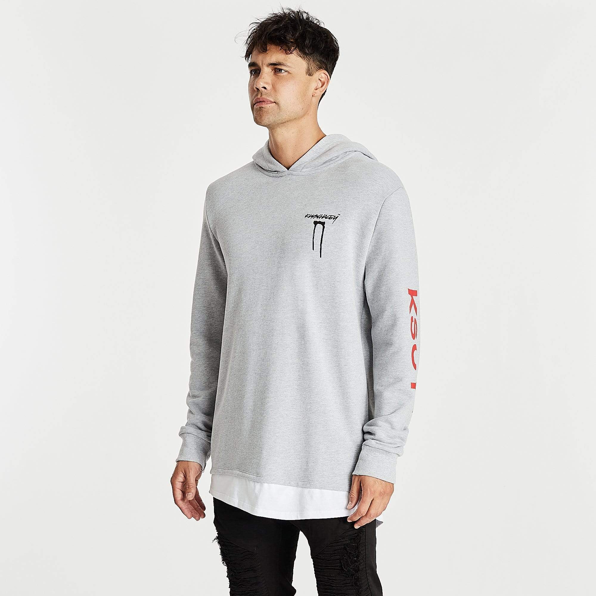 Kiss Chacey MENS SHADOWS LAYERED HEM HOODIE SWEATER - GREY MARLE - Image 9
