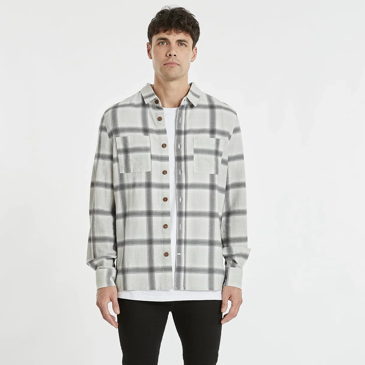 KISS CHACEY Mens Ventura Casual Long Sleeve Shirt Asphalt/Grey Check - Image 3