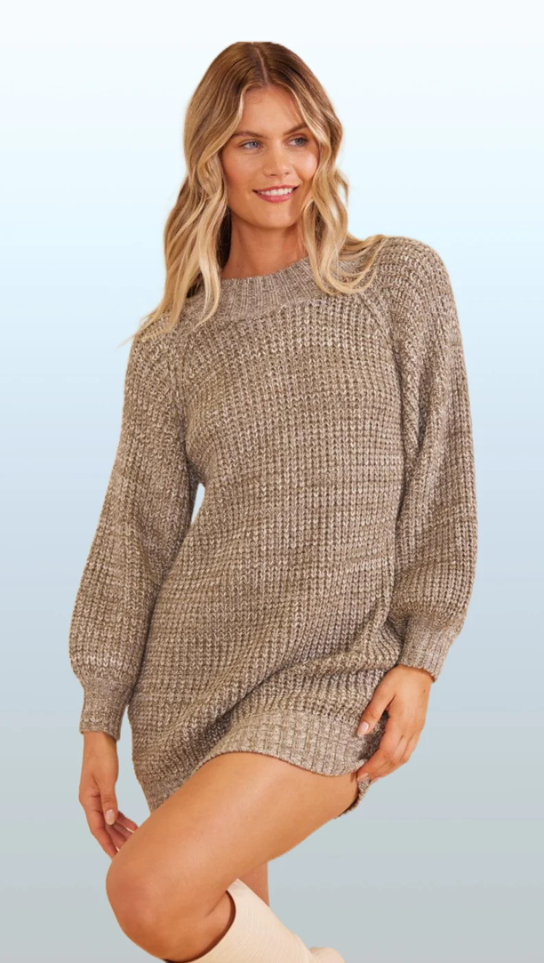 MINKPINK Womens Aspen Knit Mini Dress Khaki Marle - Image 3