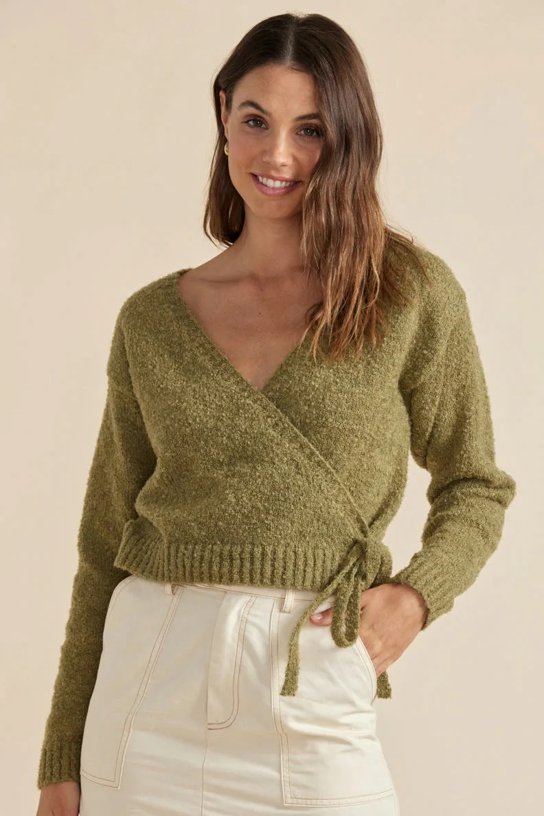 MINKPINK Womens Cher Wrap Knit Jumper Khaki - Image 3