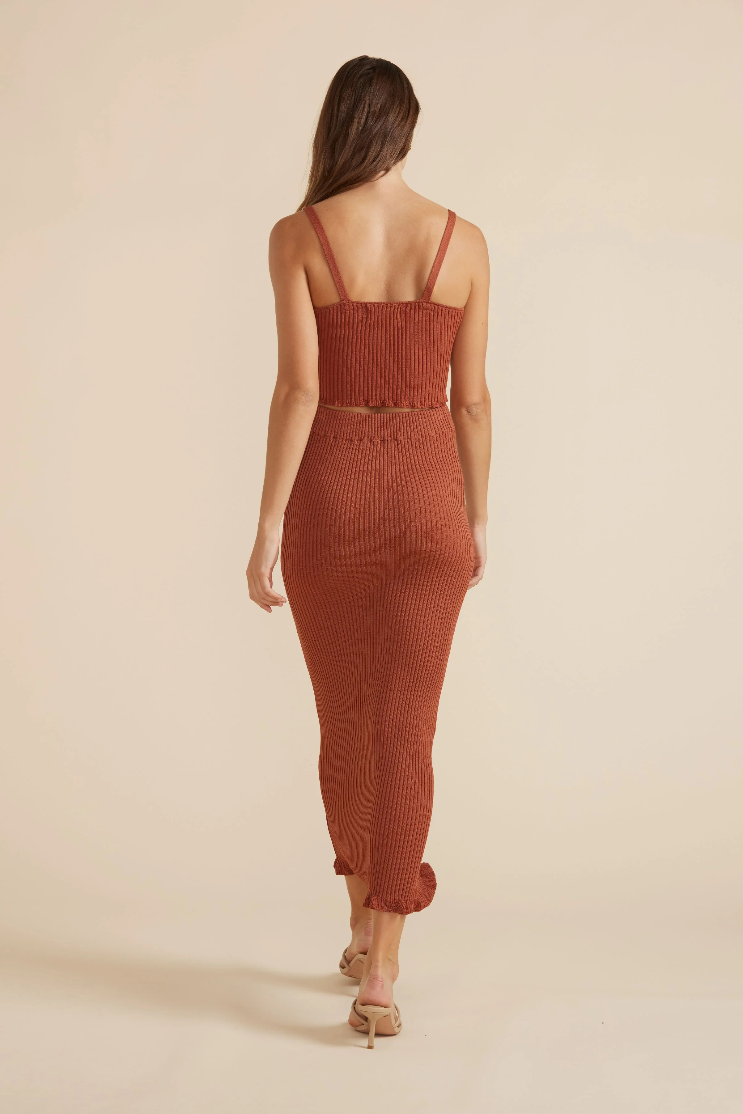 MINKPINK Womens Cyprus Knit Midi Skirt Brick - Image 3