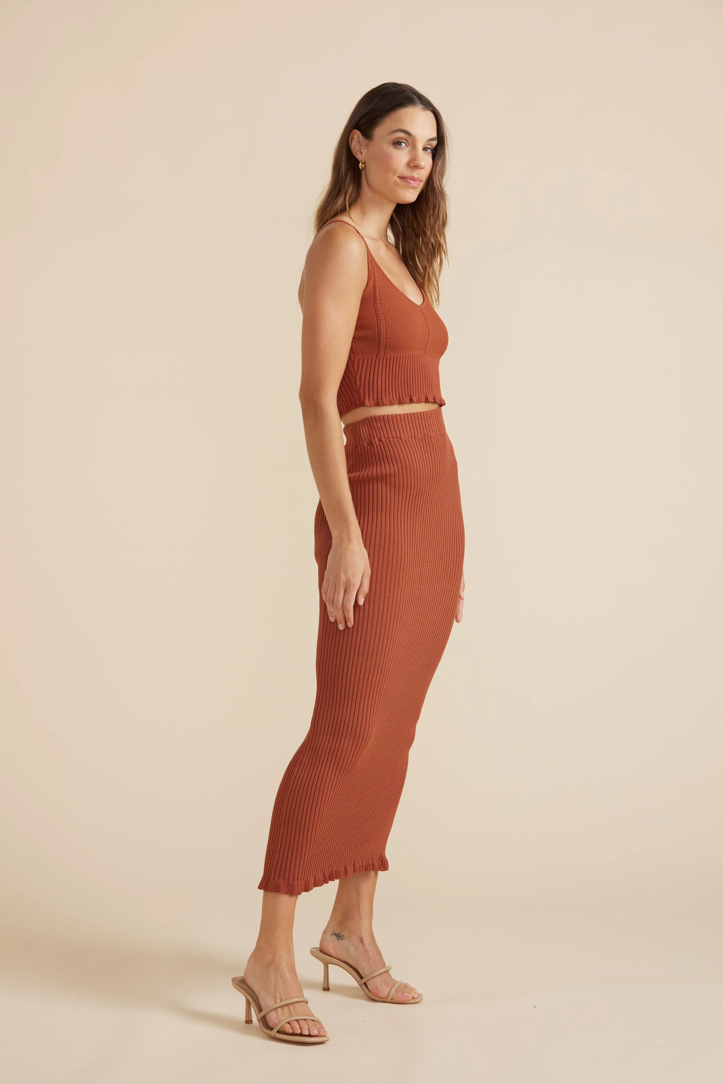 MINKPINK Womens Cyprus Knit Midi Skirt Brick - Image 4