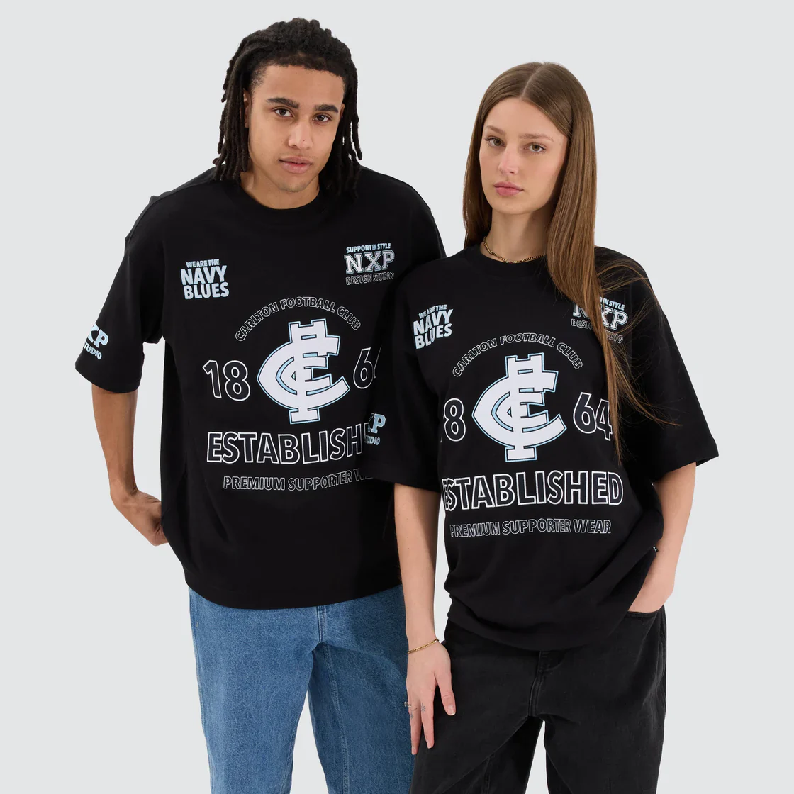 NENA & PASADENA  AFL Mens Carlton Blues Mega Loop Back Tee - Jet Black - Image 3
