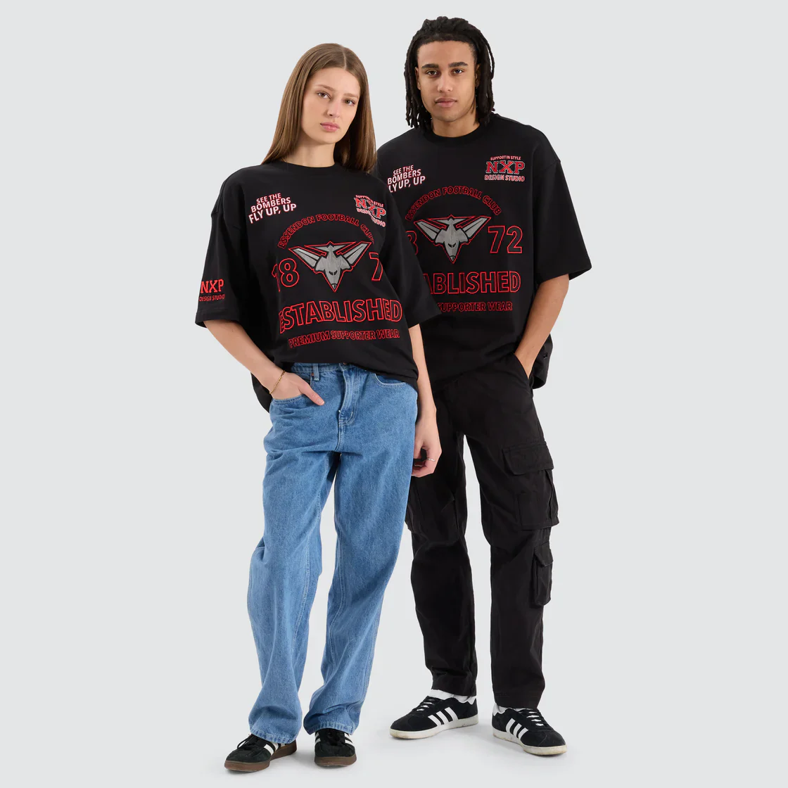 NENA & PASADENA  AFL Mens Essendon Bombers Mega Loop Back Tee Shirt - Jet Black - Image 4
