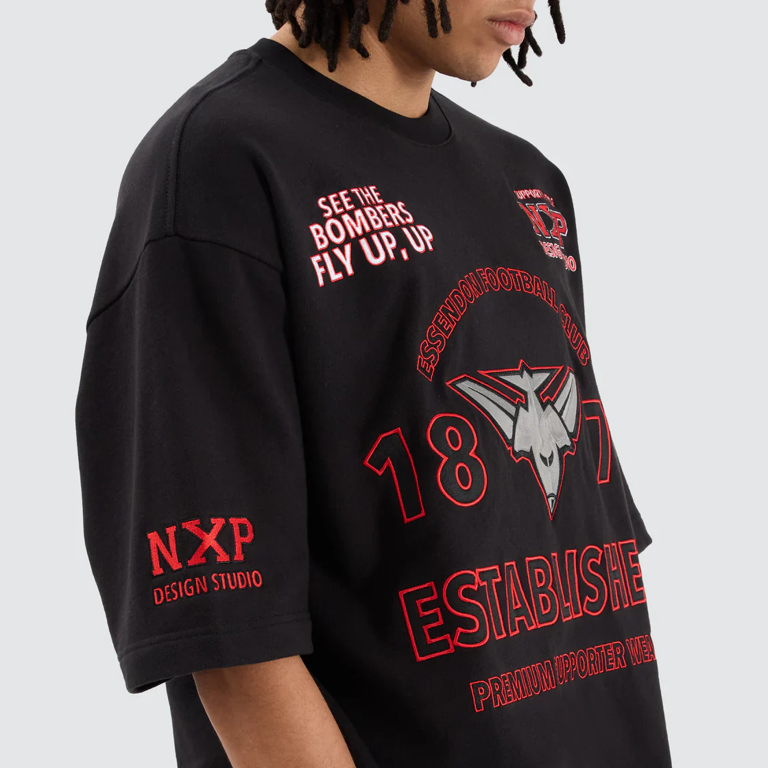 NENA & PASADENA  AFL Mens Essendon Bombers Mega Loop Back Tee Shirt - Jet Black - Image 5