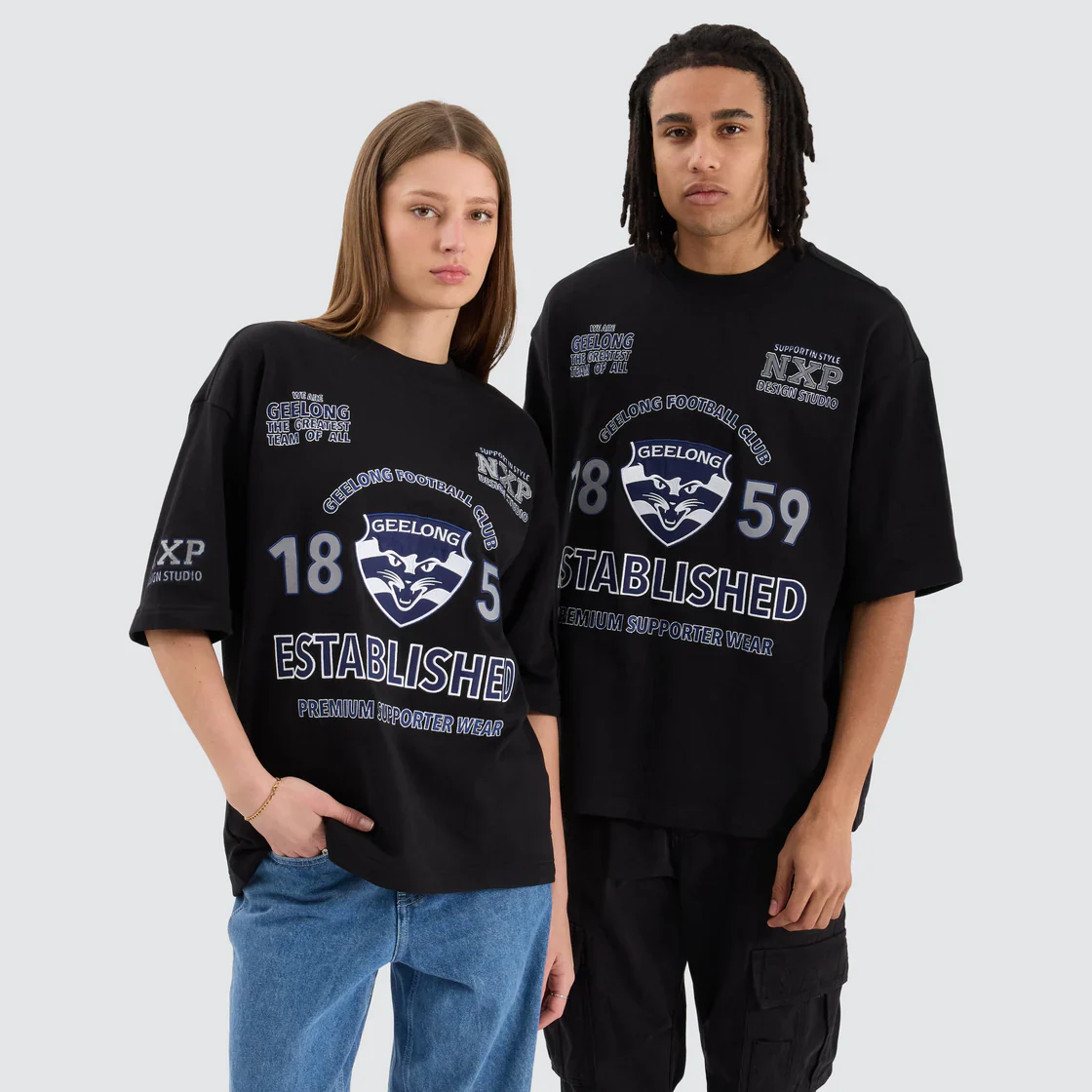 NENA & PASADENA ¬†AFL Mens Geelong Cats Mega Loop Back Tee - Jet Black - Image 5