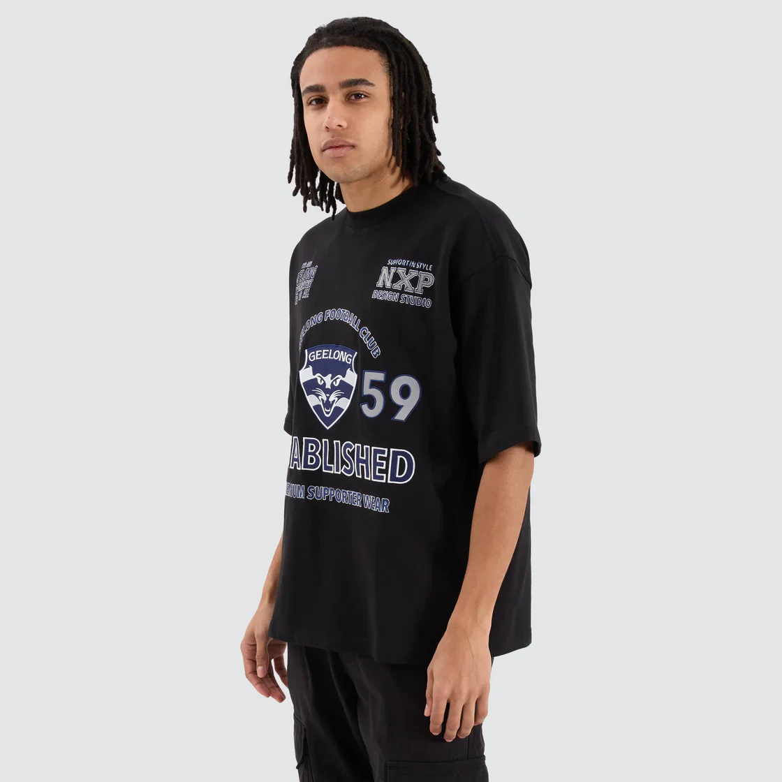 NENA & PASADENA ¬†AFL Mens Geelong Cats Mega Loop Back Tee - Jet Black - Image 6