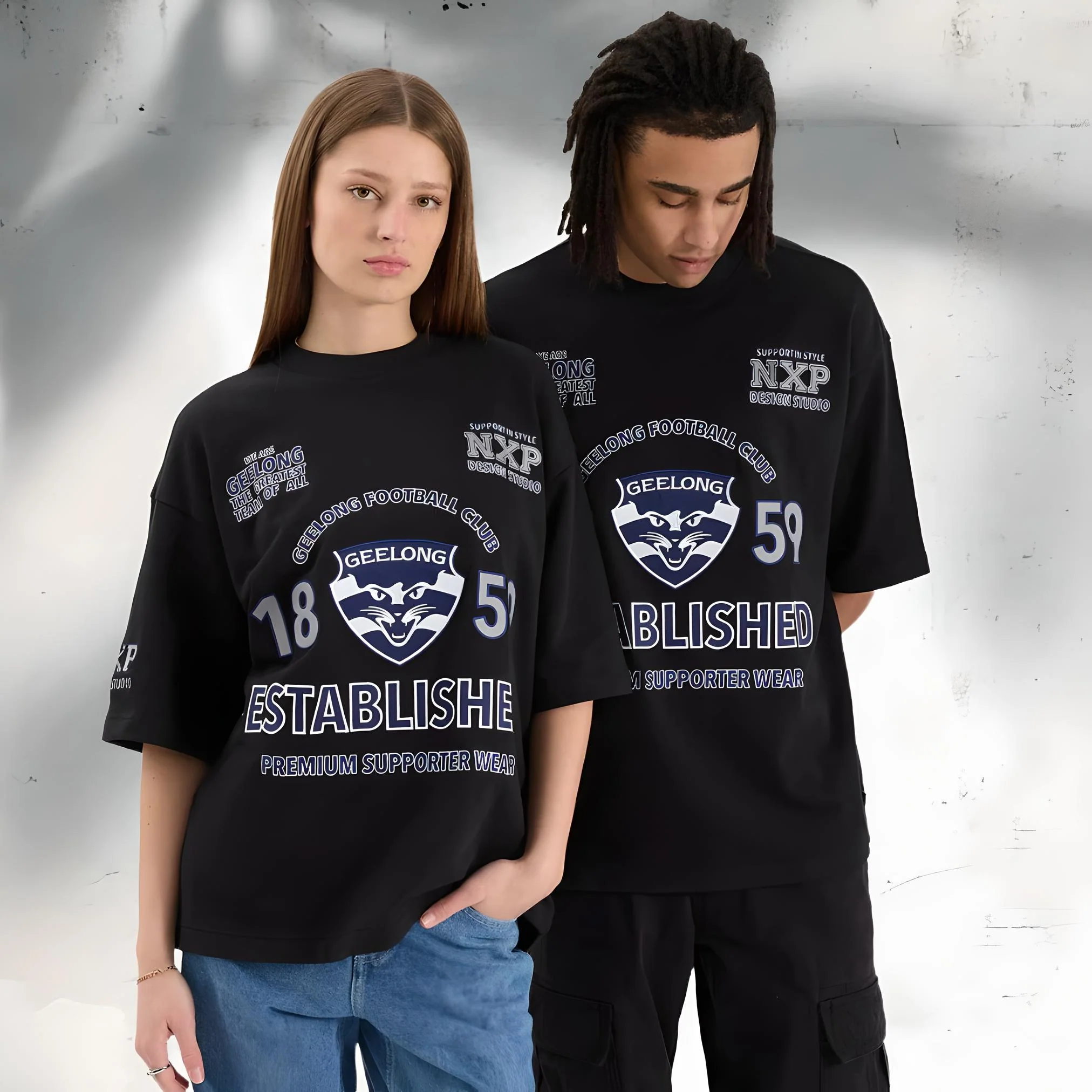 NENA & PASADENA ¬†AFL Mens Geelong Cats Mega Loop Back Tee - Jet Black - Image 7