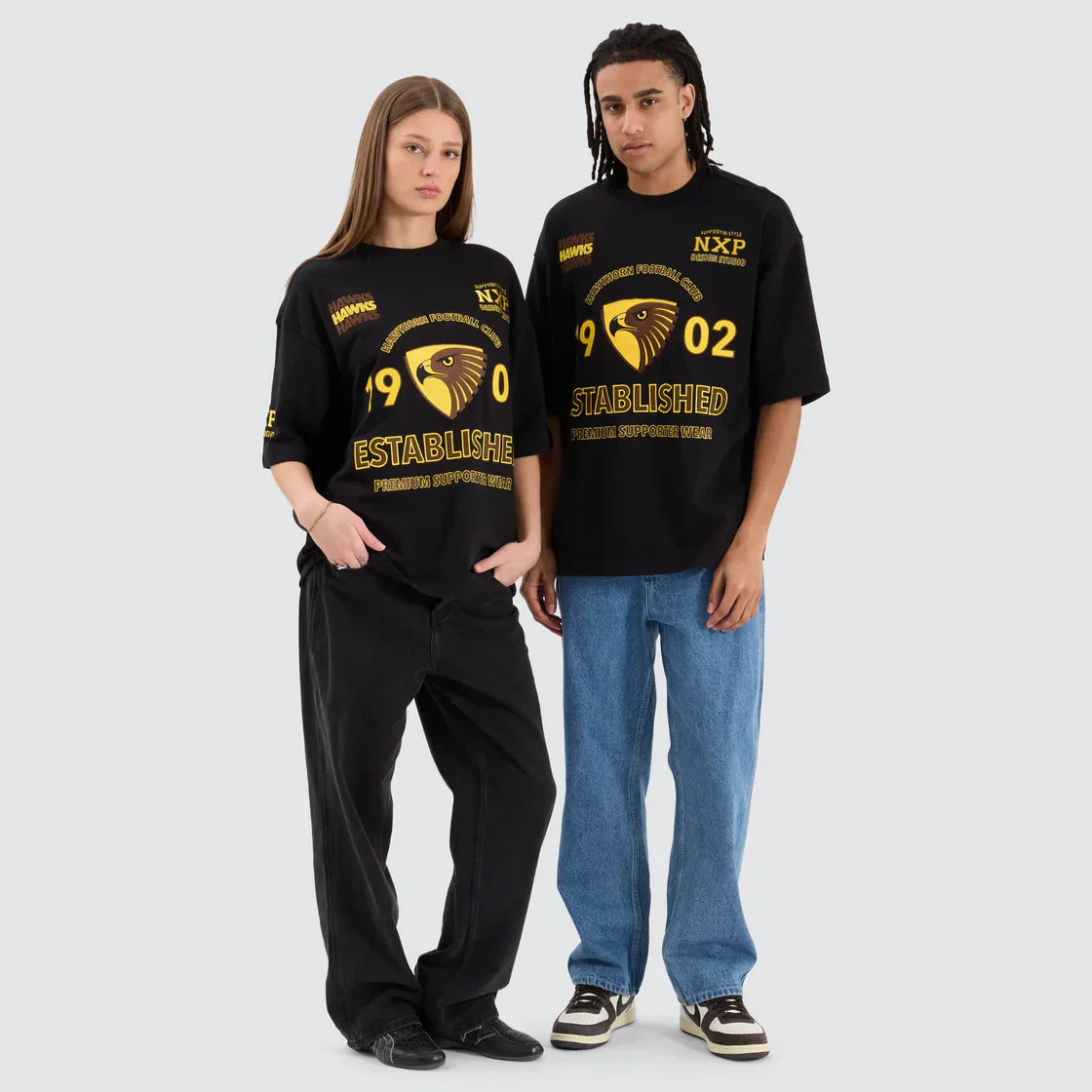 NENA & PASADENA  AFL Mens Hawthorn Hawks Mega Loop Back Tee - Jet Black - Image 4