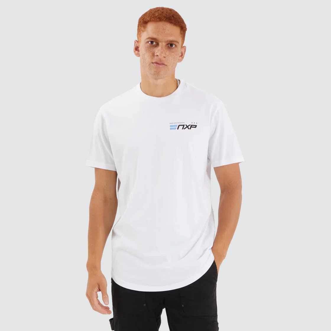 NENA & PASADENA Mens Chain Dual Curved Hem Tee Shirt - Optical White - Image 3