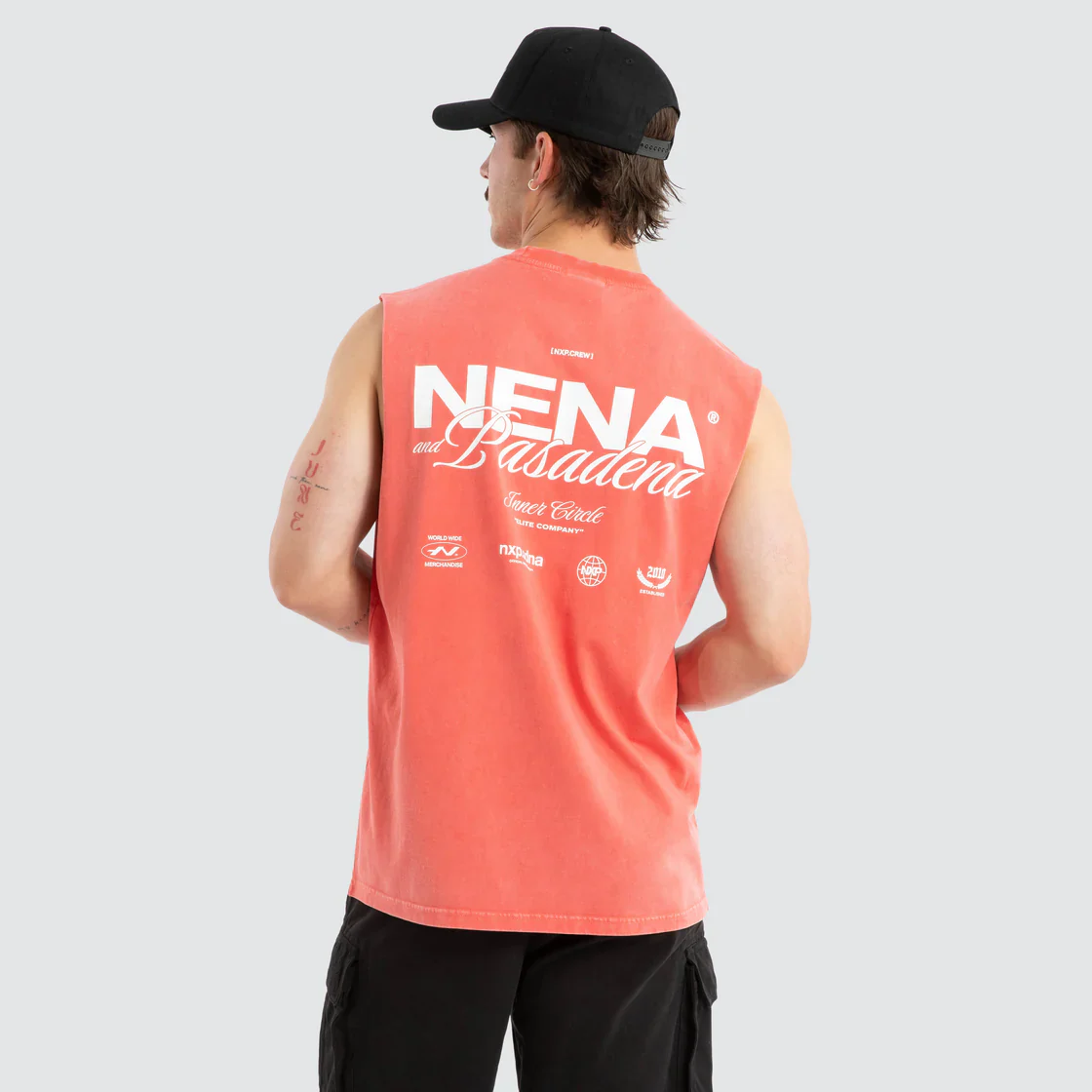 NENA & PASADENA Mens Demand Relaxed Muscle Tee in Acid Wash Cayenne - Image 3