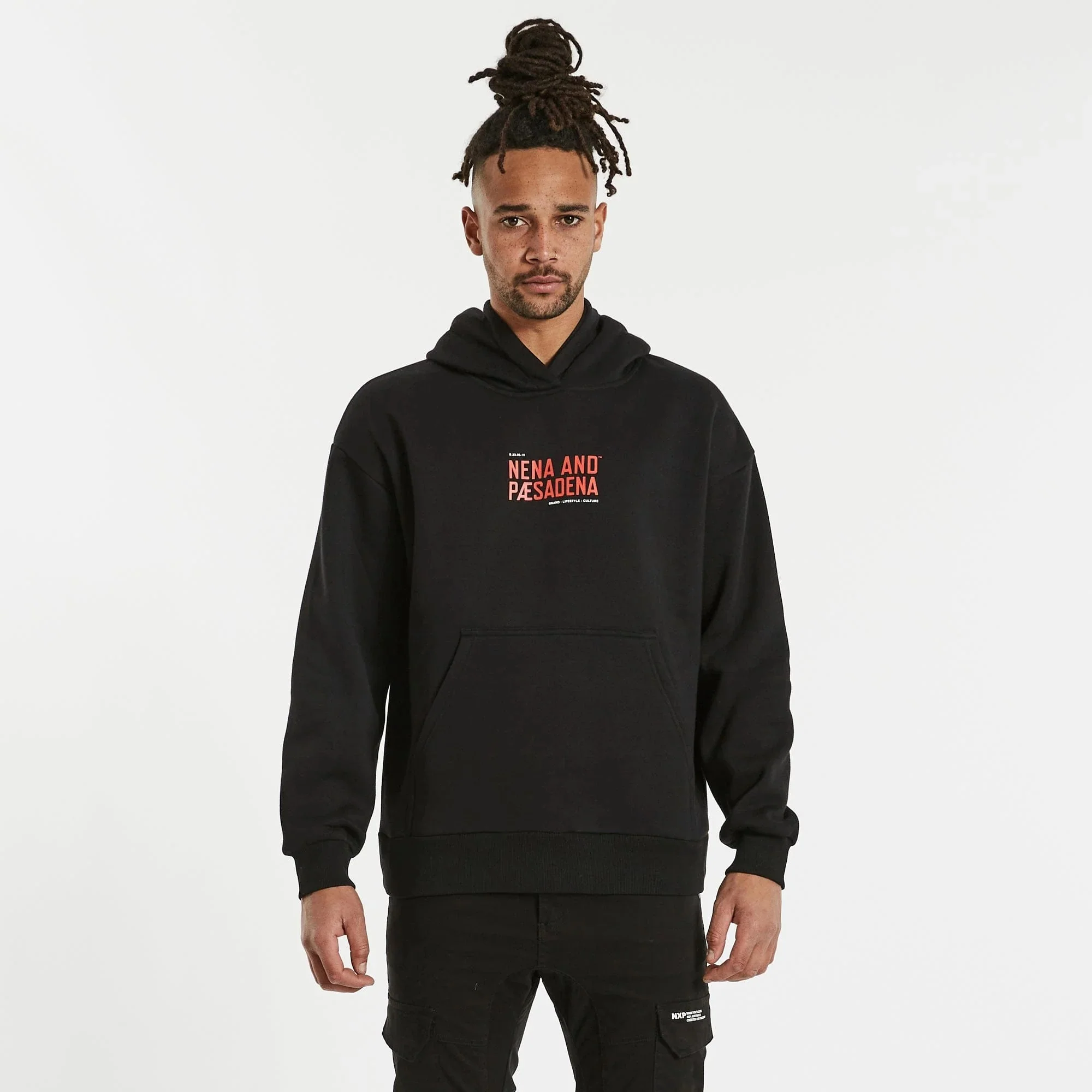 NENA & PASADENA Mens Encryption Relaxed Hooded Sweater Jet Black - Image 2