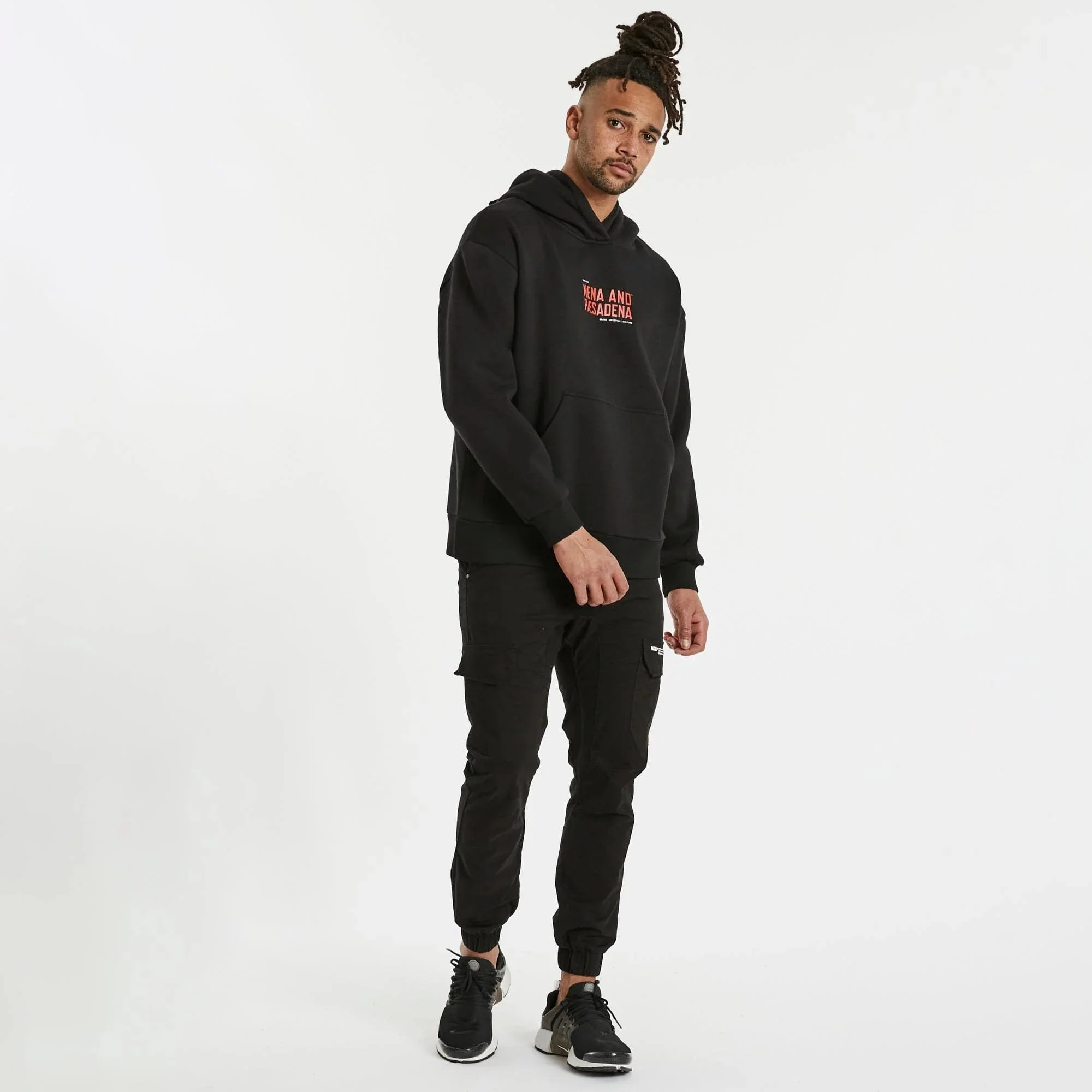 NENA & PASADENA Mens Encryption Relaxed Hooded Sweater Jet Black - Image 4