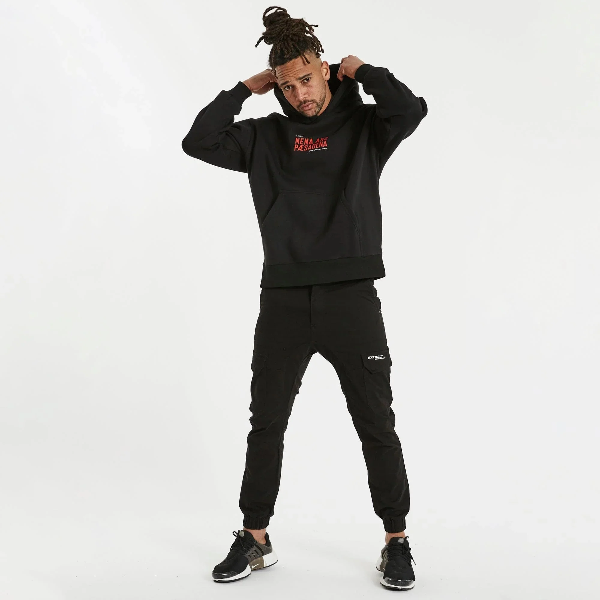 NENA & PASADENA Mens Encryption Relaxed Hooded Sweater Jet Black - Image 7