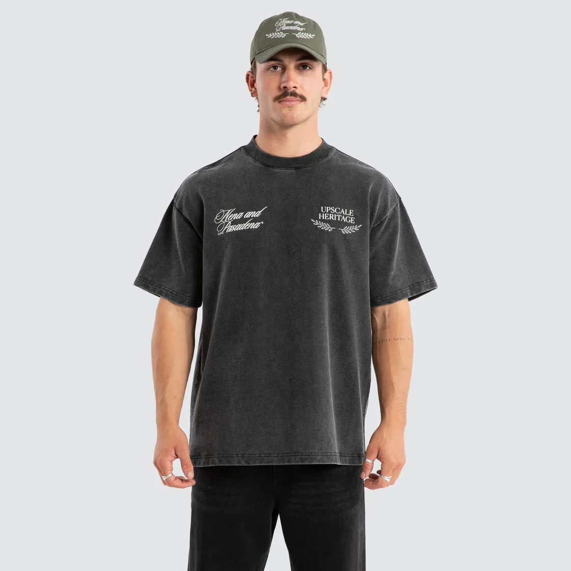 NENA & PASADENA Mens Heritage Loopback Raptor Tee in Mineral Black - Image 2