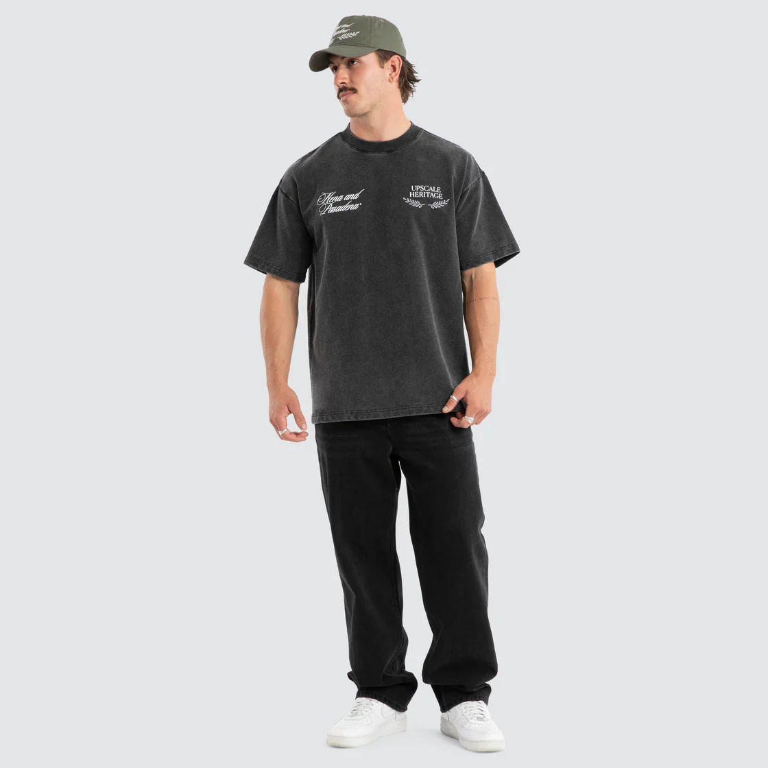 NENA & PASADENA Mens Heritage Loopback Raptor Tee in Mineral Black - Image 4