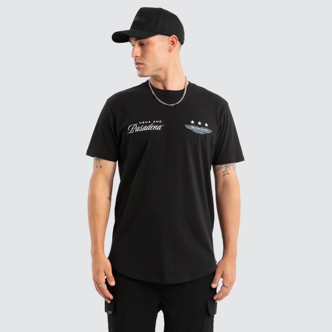 NENA & PASADENA Mens Pledge Dual Curved Tee in Jet Black - Image 3