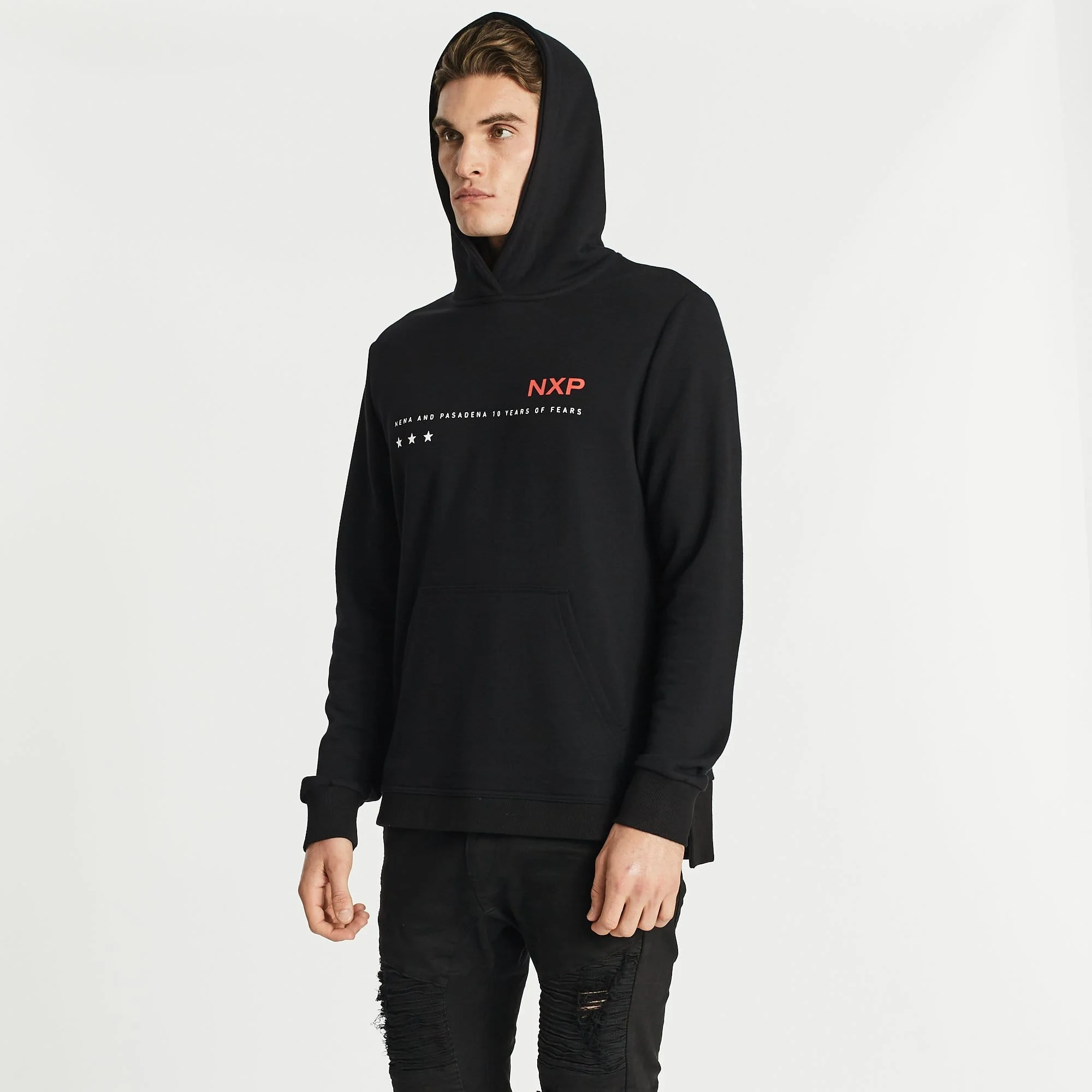 Nena & Pasadena MENS PROMINENT STEP HEM HOODED SWEATER - JET BLACK - Image 7