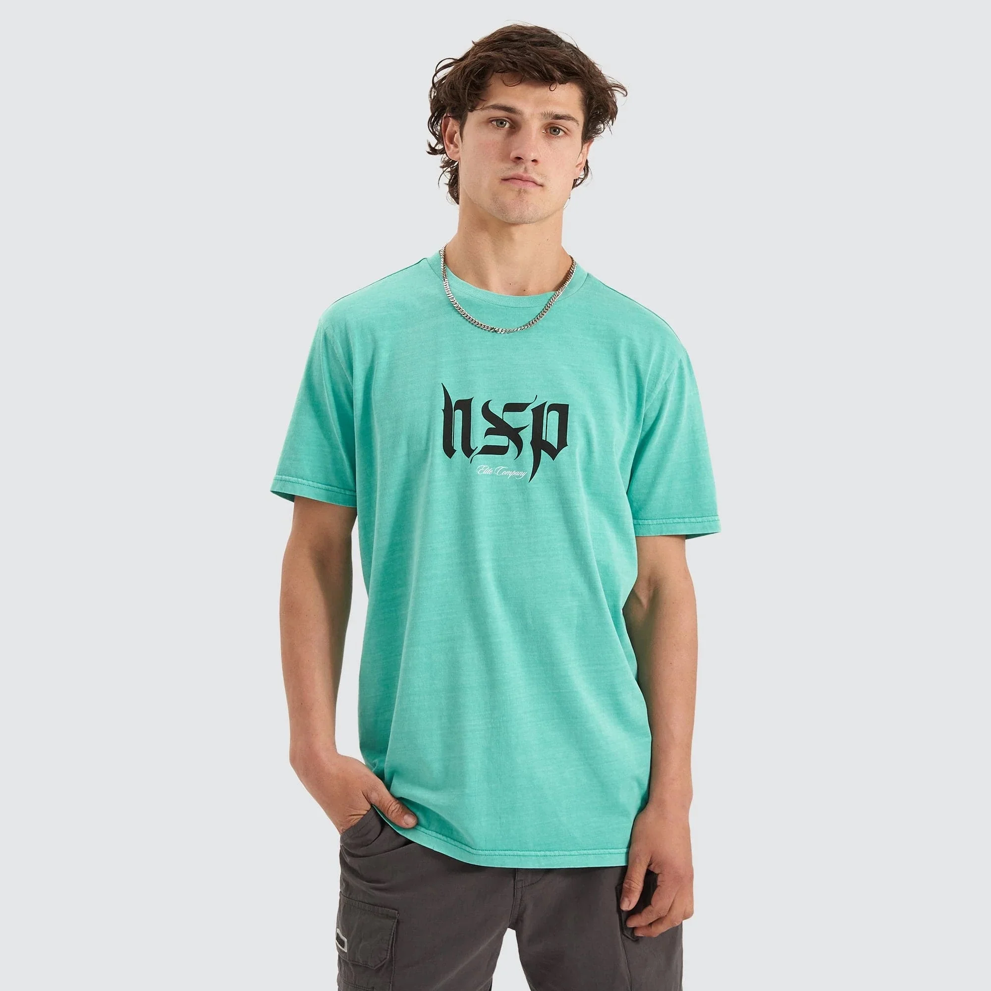 NENA & PASADENA Mens Scripted Cape Back Tee Shirt - Pigment Mint Green - Image 7