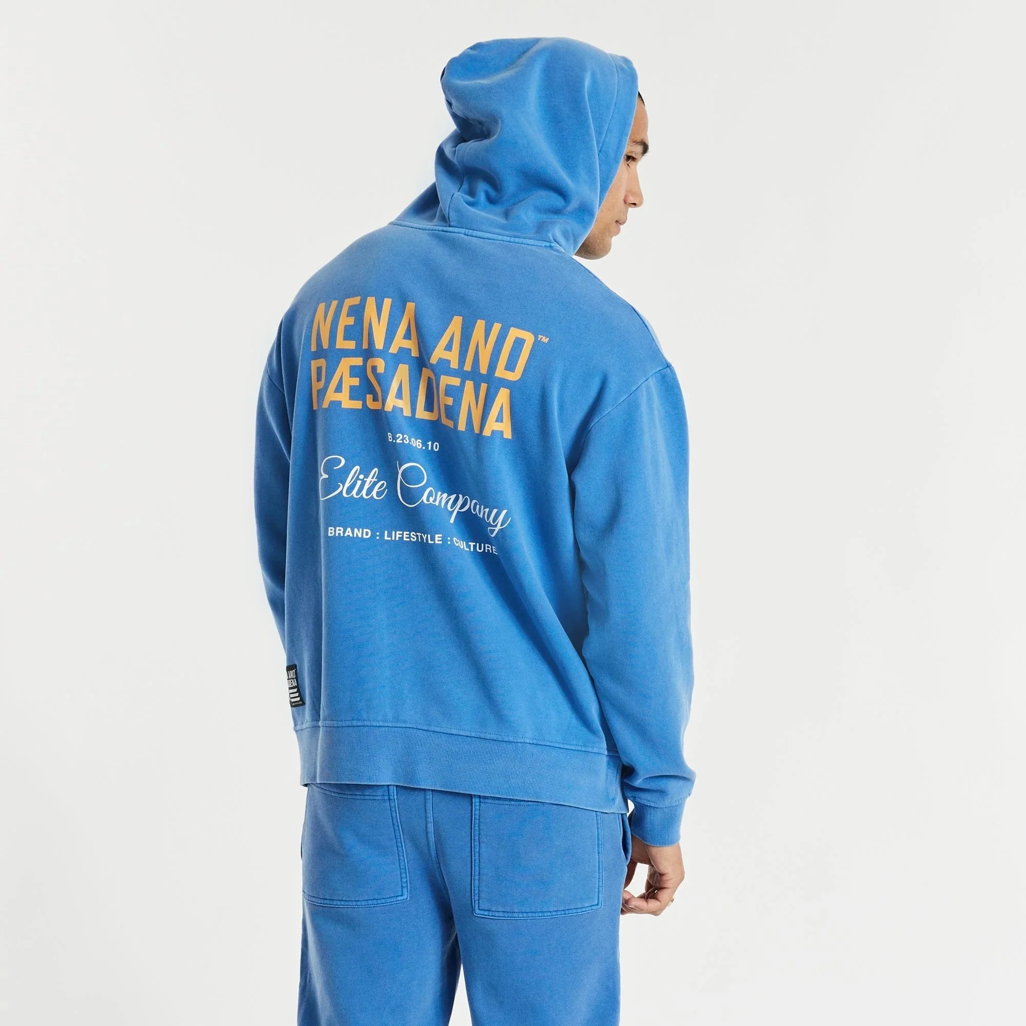 NENA & PASADENA Mens Tournament Relaxed Hooded Sweater Pigment Palace Blue - Image 3