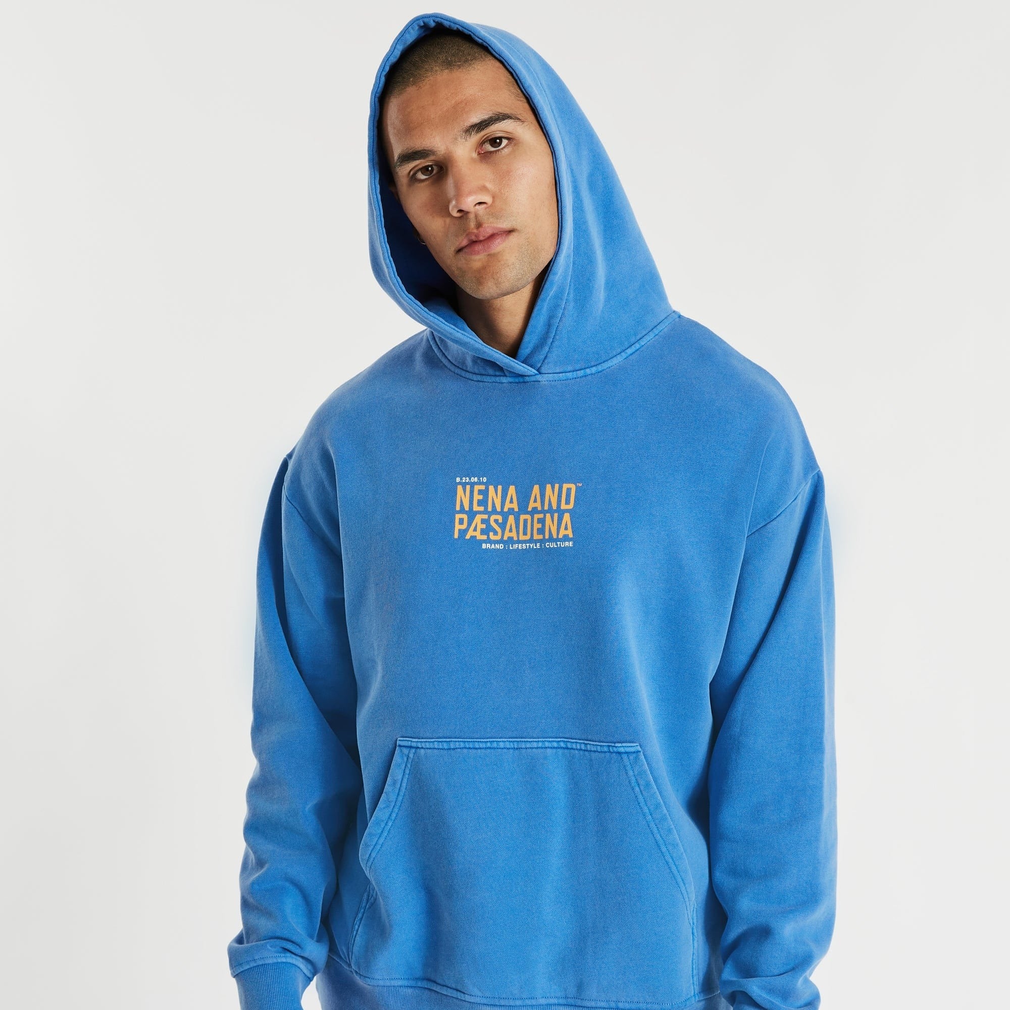 NENA & PASADENA Mens Tournament Relaxed Hooded Sweater Pigment Palace Blue - Image 8