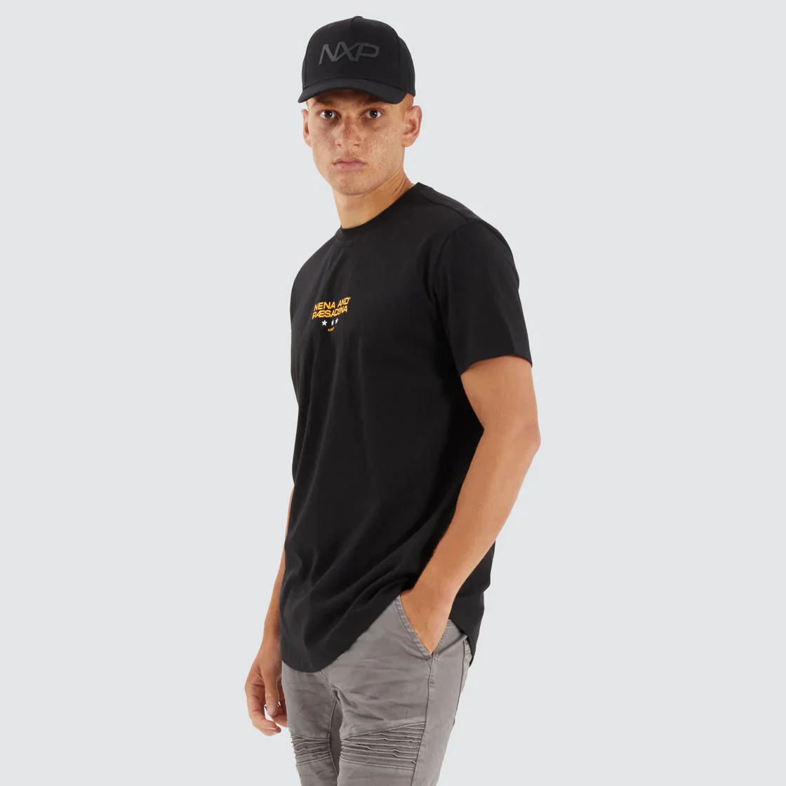 NENA & PASADENA Mens Vector Dual Curved Hem Tee Shirt - Jet Black - Image 3