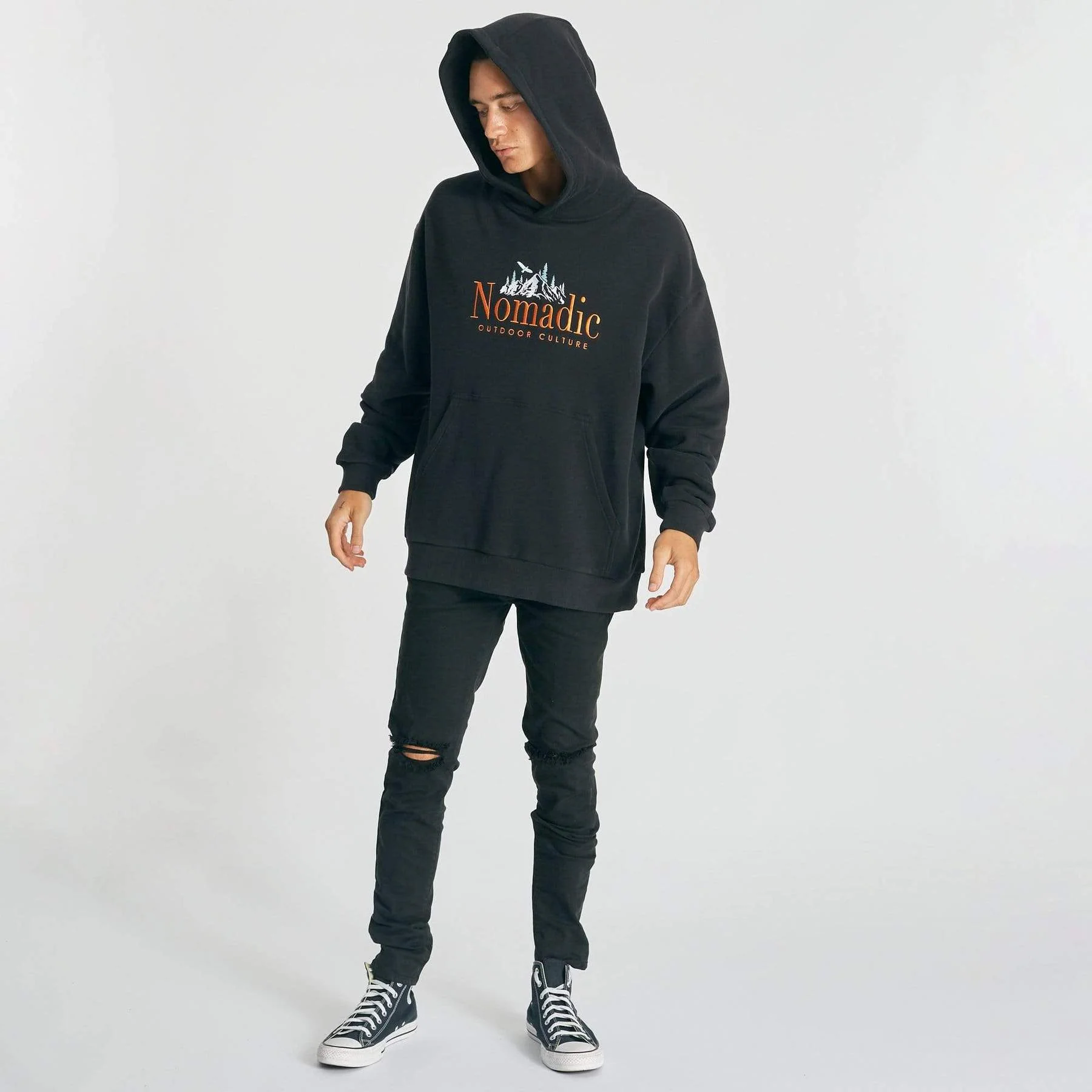 Nomadic Paradise MENS SURREAL RELAXED HOODED SWEATER - JET BLACK - Image 3