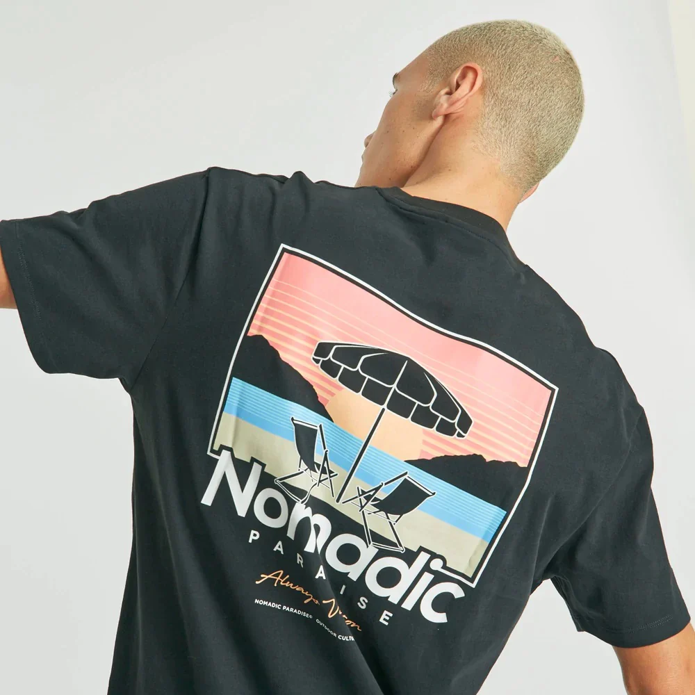 NOMADIC PARADISE Mens Vacation Relaxed Tee Shirt Jet Black - Image 5