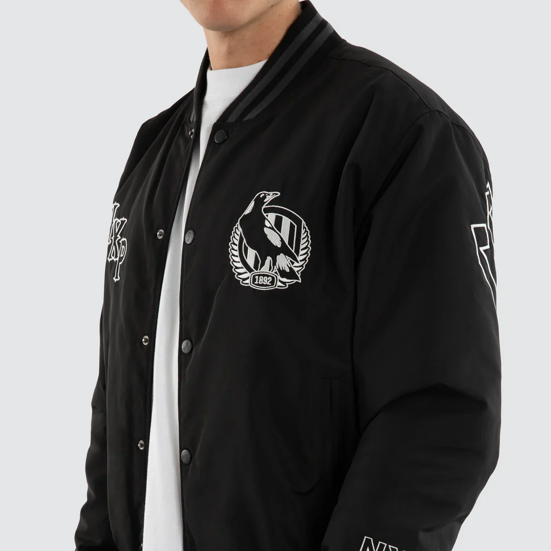 NXP x AFL Collingwood Magpies Retro Bomber Jacket in Jet Black - Image 4