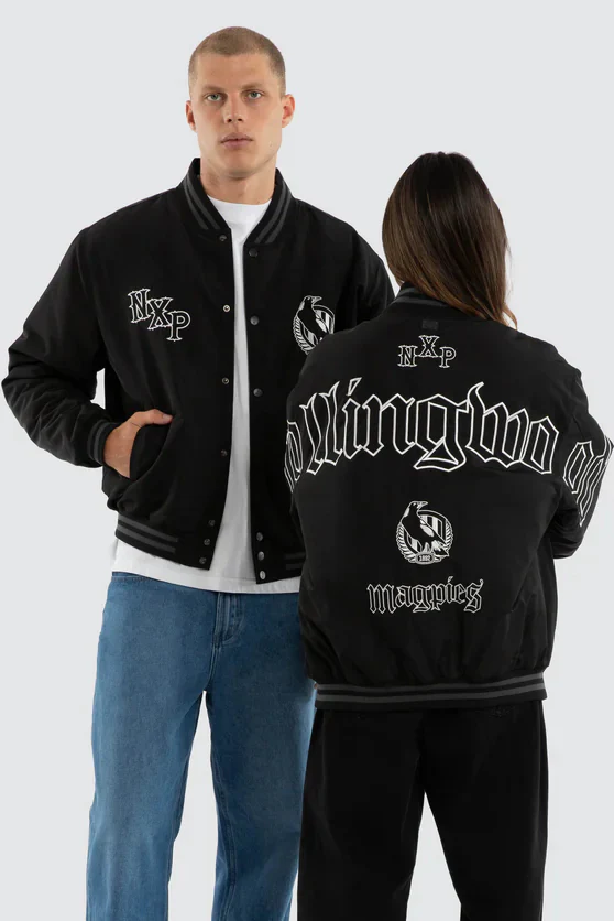 NXP x AFL Collingwood Magpies Retro Bomber Jacket in Jet Black - Image 5