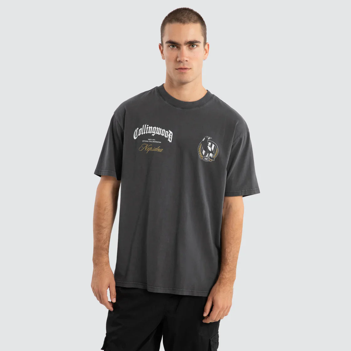 NXP x AFL Collingwood Magpies Vintage Goth Tee Pigment Asphalt - Image 3