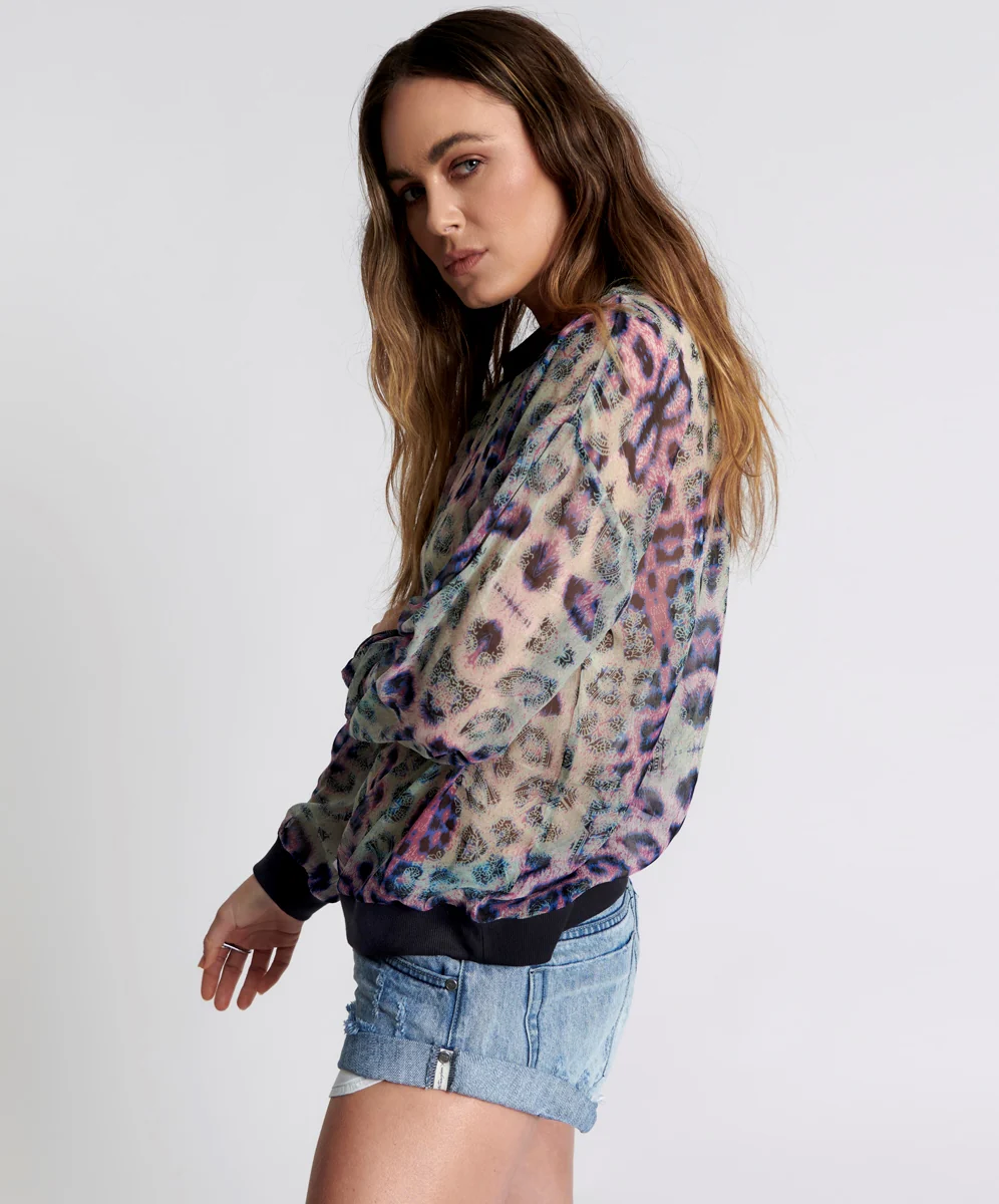 ONE TEASPOON Womens Collision Chiffon Longsleeve Top Animal - Image 4