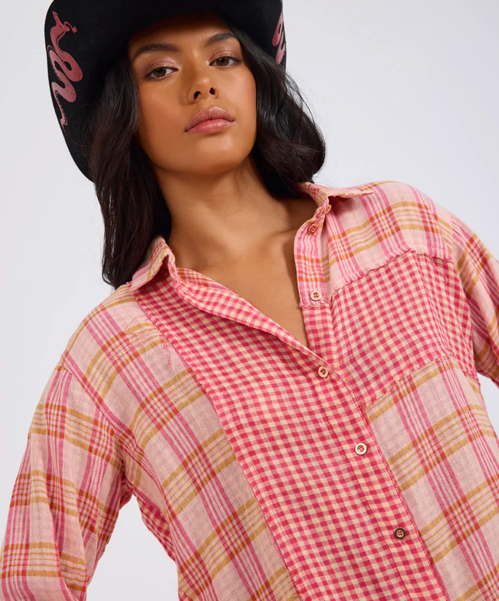 ONE TEASPOON Womens Flannel Checked Cotton Muslin Shirt in Pink Check - Image 11