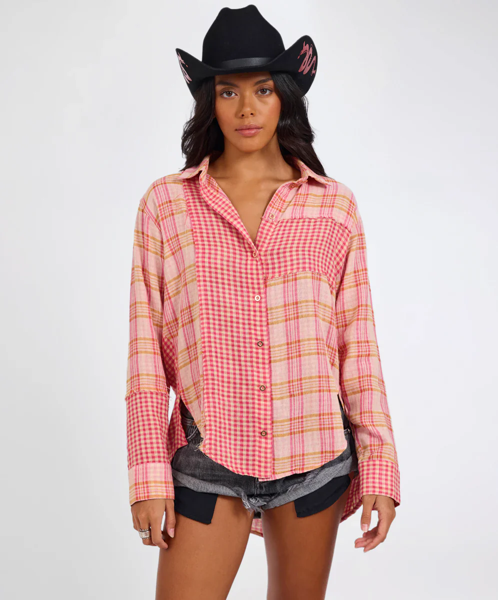 ONE TEASPOON Womens Flannel Checked Cotton Muslin Shirt in Pink Check - Image 5