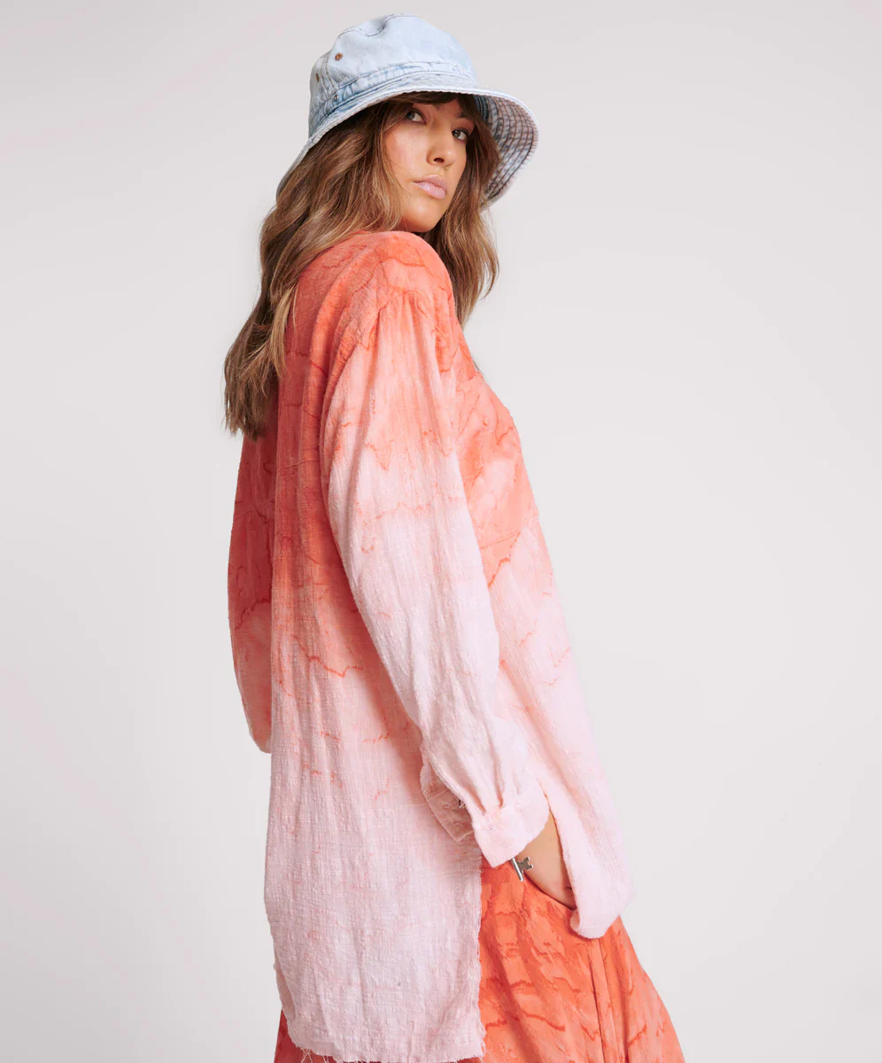 ONE TEASPOON Womens Hand Painted Sunset Muslin Longline Shirt - Coral - Image 4