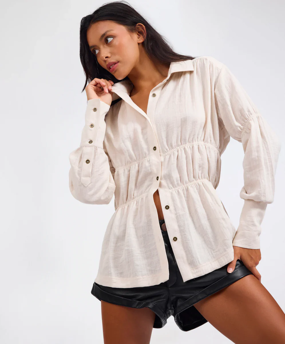 ONE TEASPOON Womens Harper Ruched Long Sleeve Shirt in Cream - Image 2