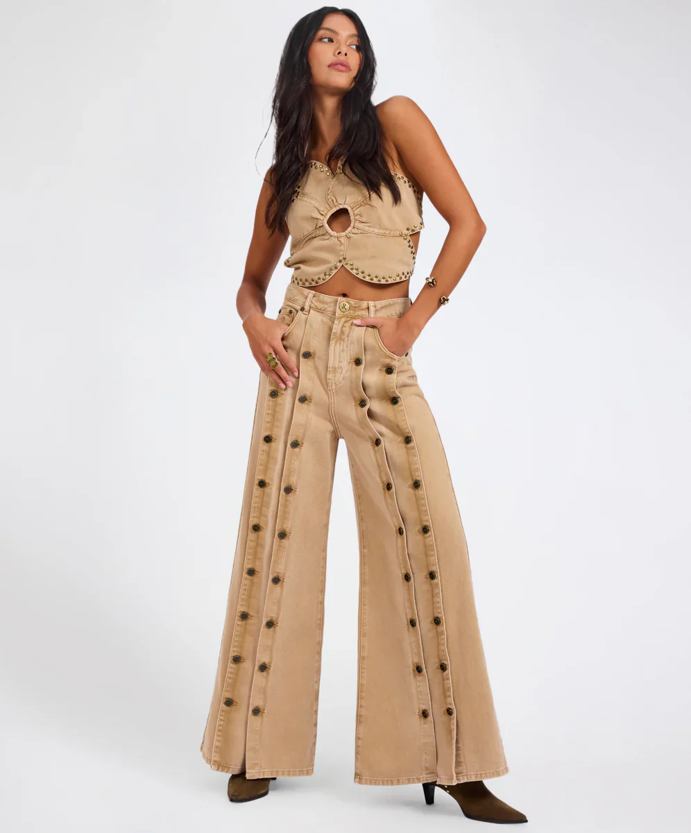 ONE TEASPOON Womens Hollywoods High Waist Wide Leg Denim Jeans in Warm Tan - Image 7