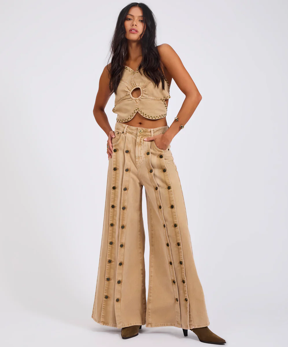 ONE TEASPOON Womens Hollywoods High Waist Wide Leg Denim Jeans in Warm Tan - Image 9